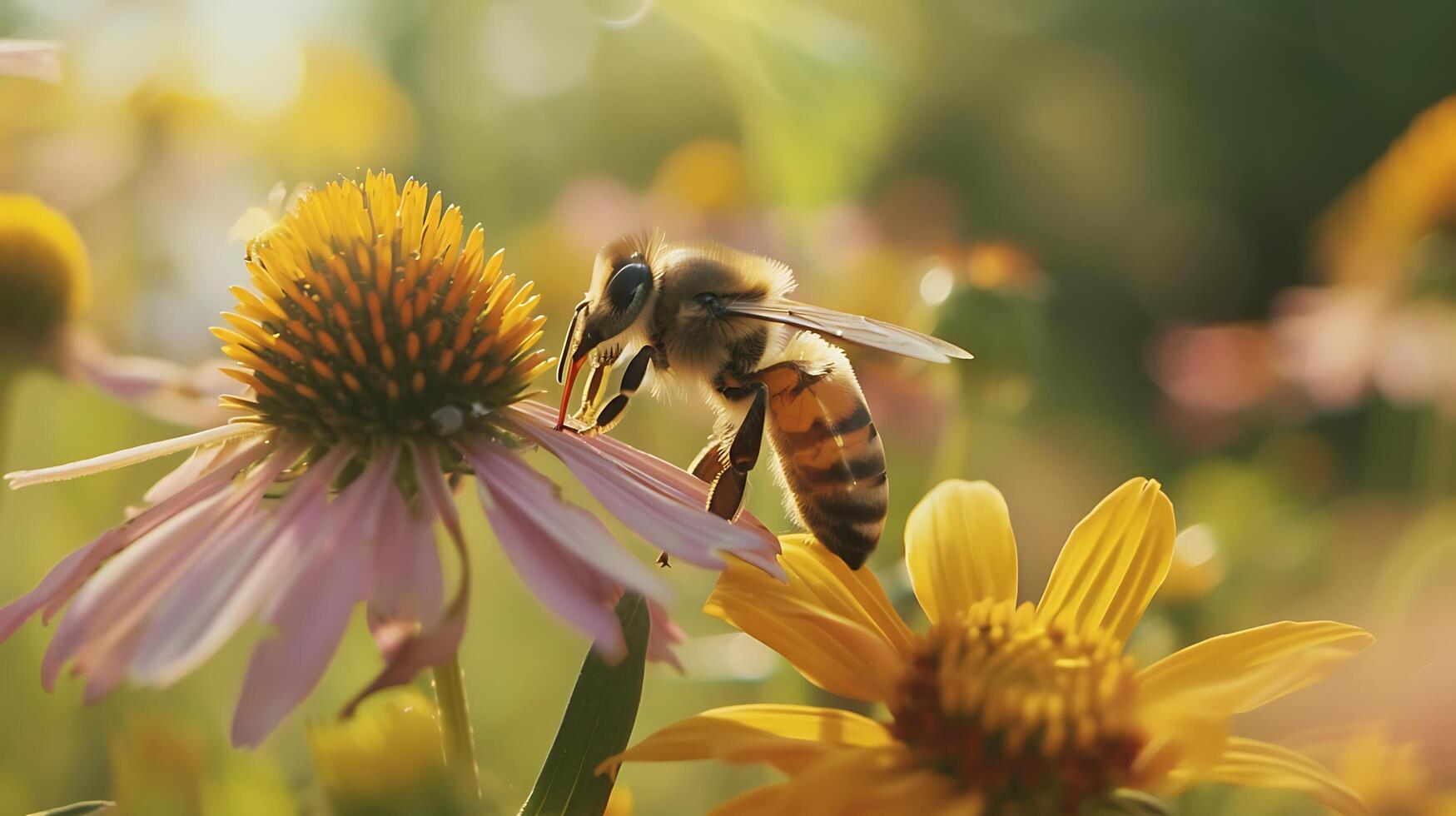 ai gegenereerd bij verzamelen nectar van levendig bloem zacht licht en warm tonen creëren vredig natuurlijk milieu foto