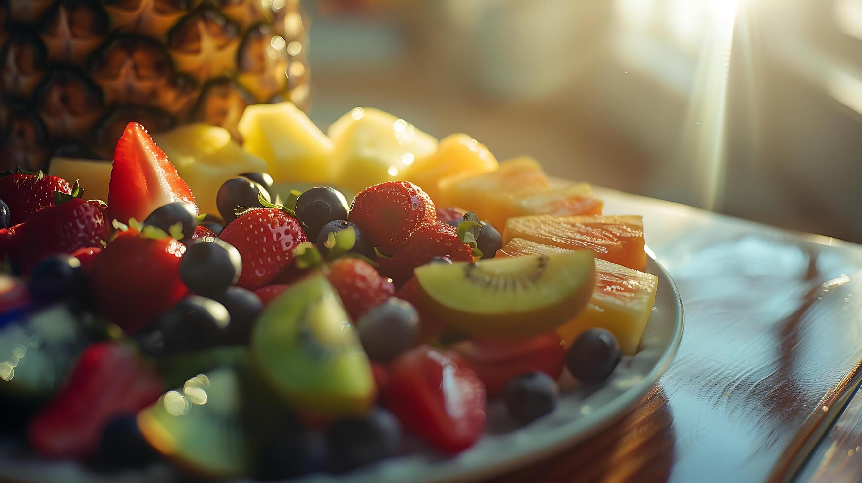 ai gegenereerd kleurrijk fruit schotel gloeit in zacht natuurlijk licht uitnodigend en smakelijk Scherm foto