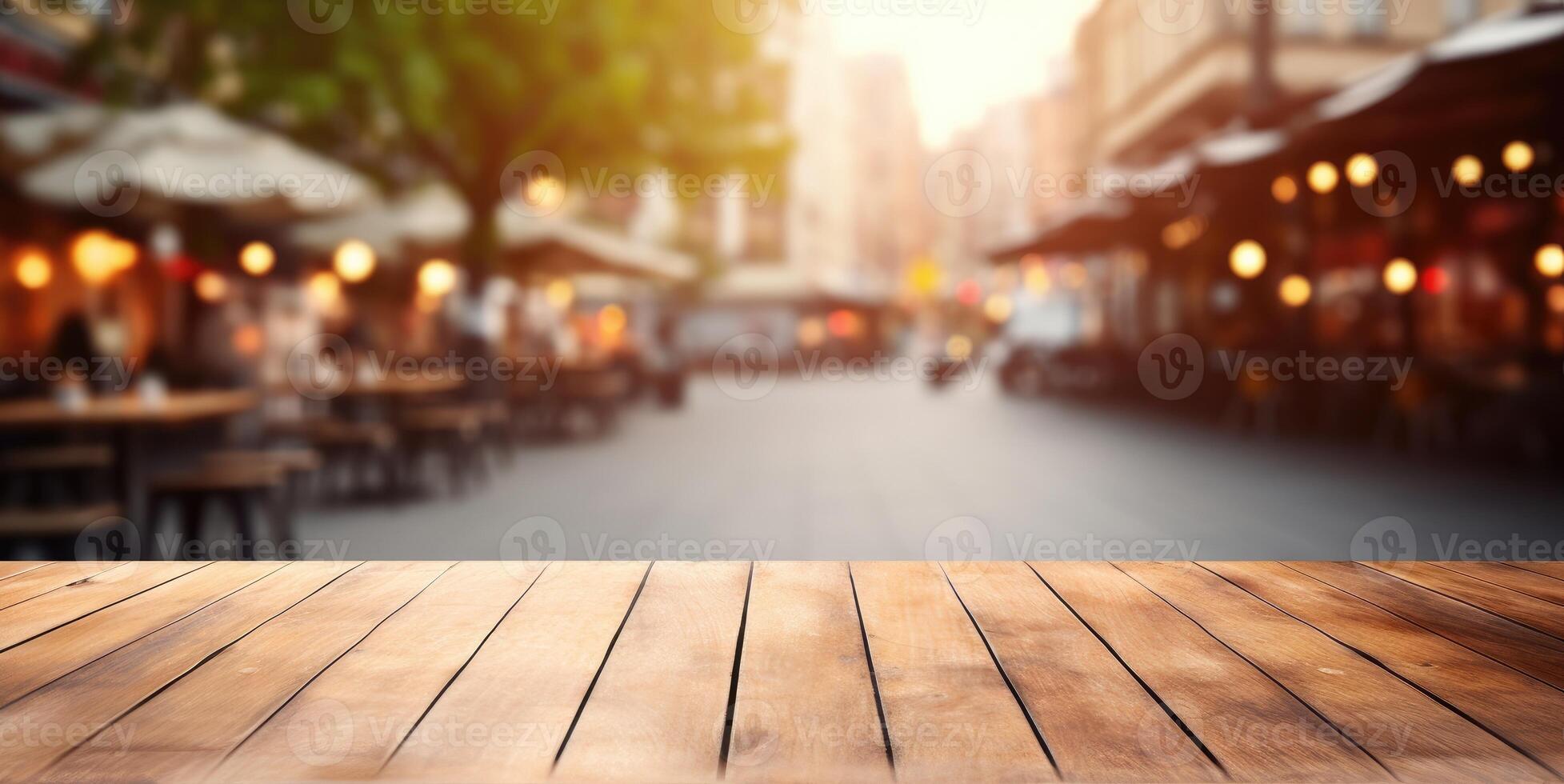 ai gegenereerd vitrine uw producten Aan een houten tafel, tegen een levendig straat cafe achtergrond. ai gegenereerd. foto