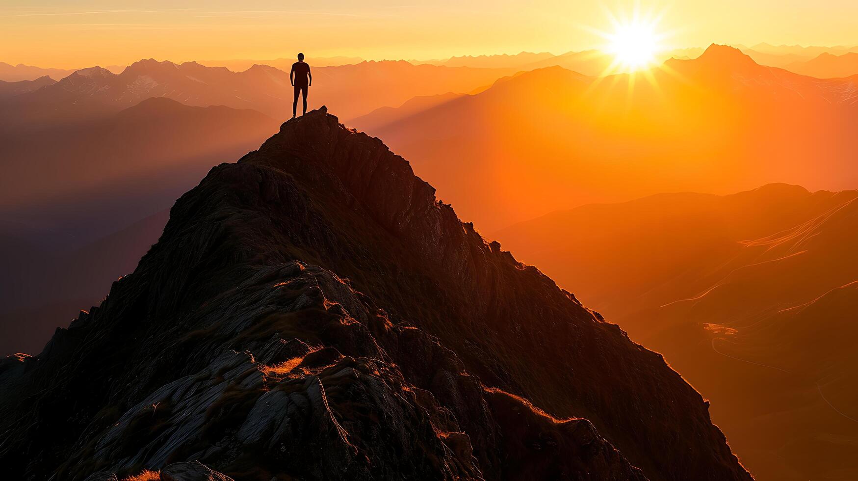 ai gegenereerd zegevierend figuur overwint robuust berg Bij zonsondergang met vastbesloten houding en winderig landschap foto