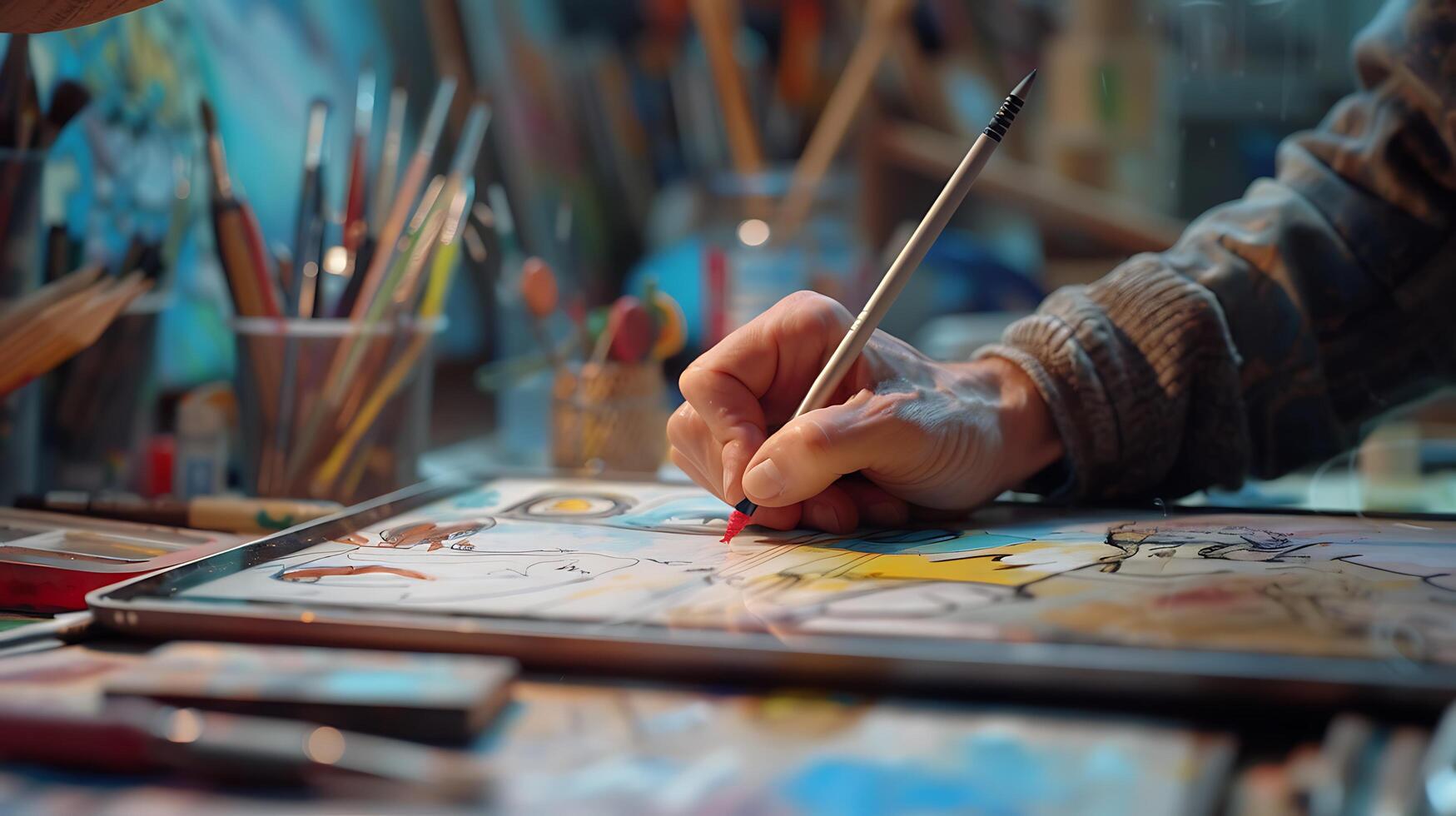 ai gegenereerd artiest Bij werk kleurrijk markeringen brengen leven naar blanco canvas foto