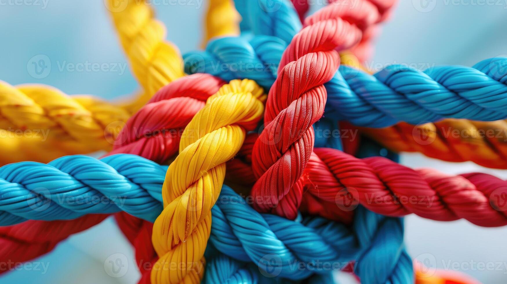 ai gegenereerd verschillend touwen ingewikkeld geweven in een knoop, een zichtbaar metafoor voor samenspel en samenwerking. ai gegenereerd. foto