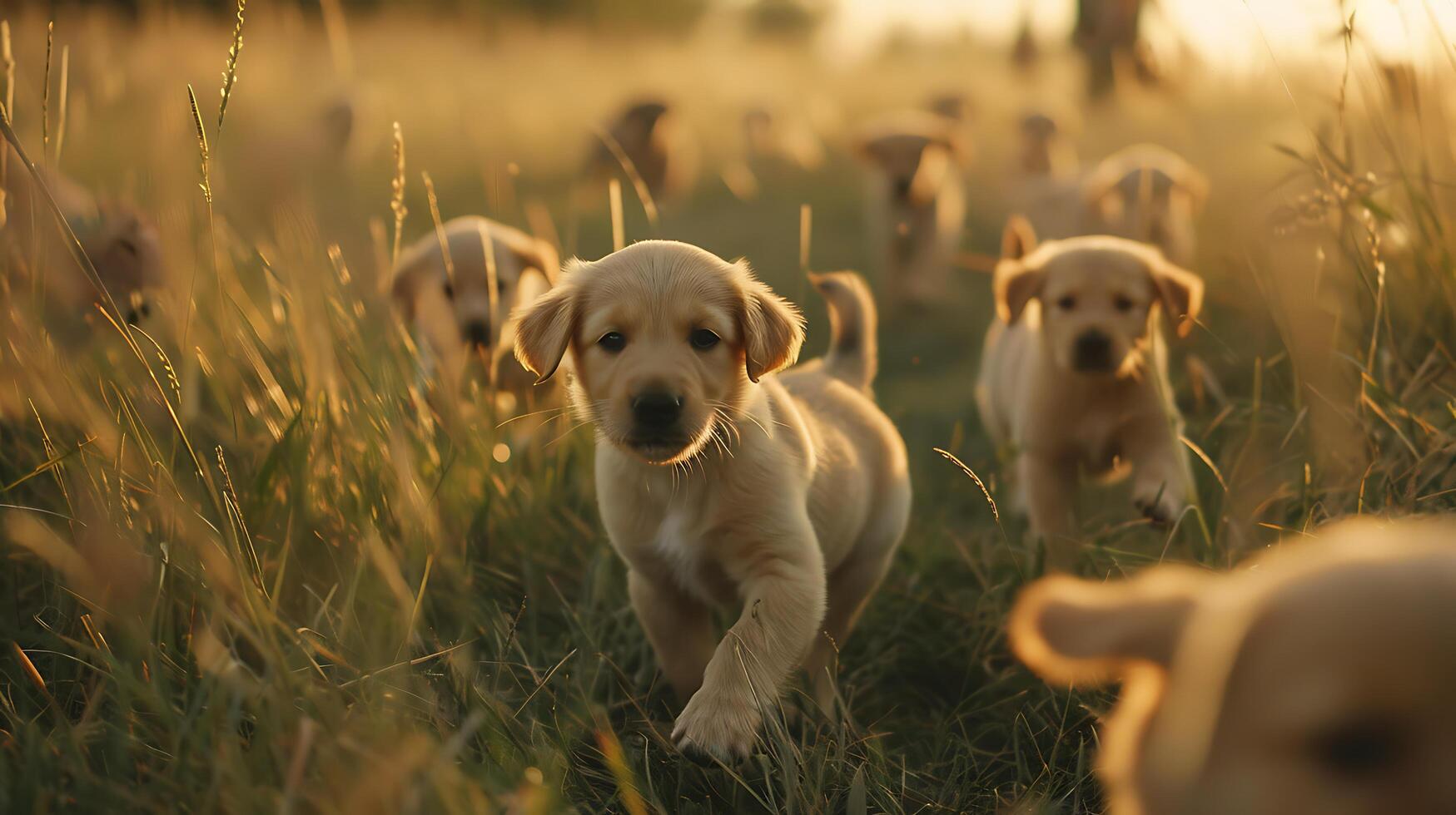 ai gegenereerd gouden retriever grenzen door hoog gras in de warm gloed van de instelling zon foto