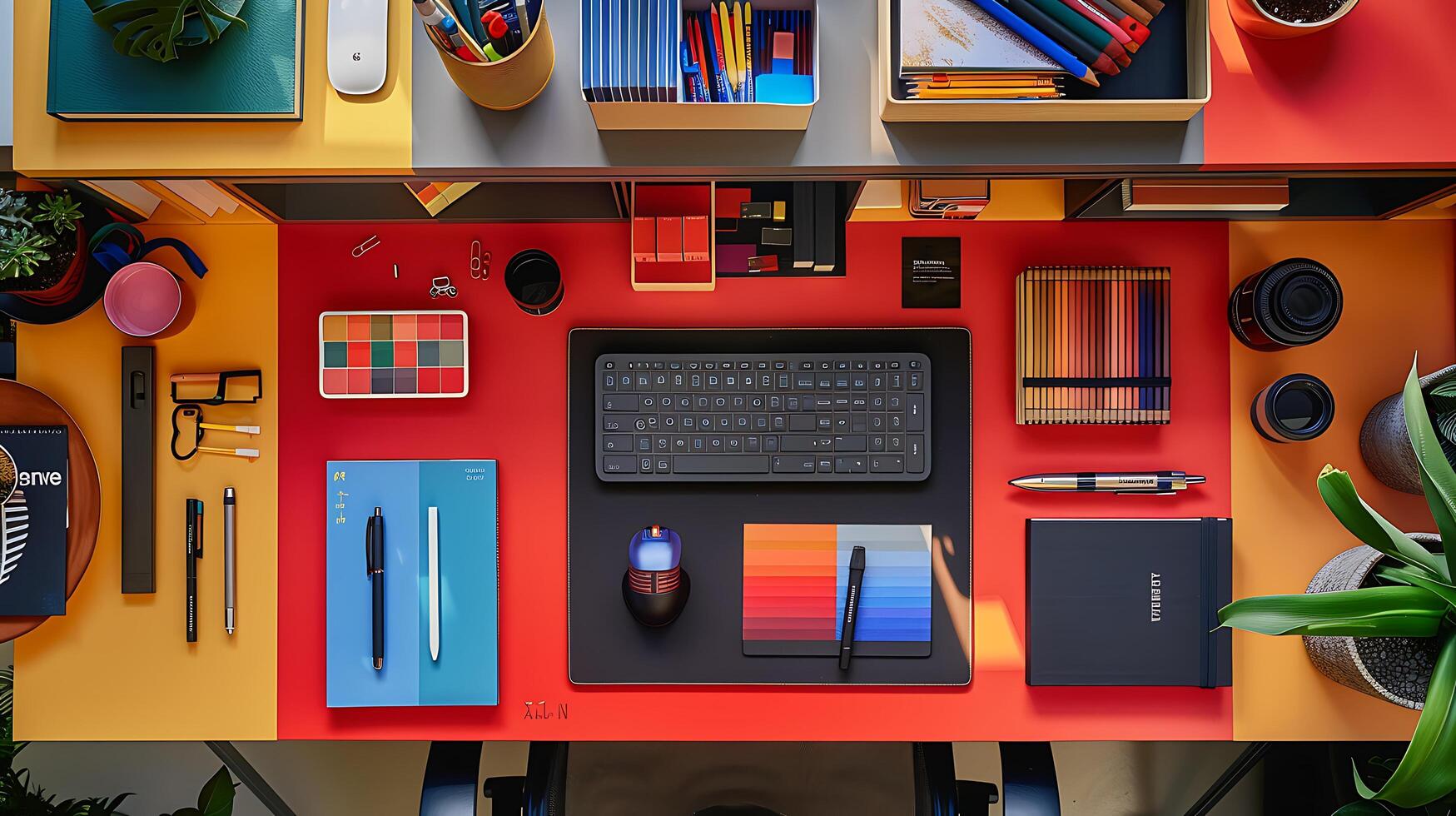 ai gegenereerd netjes geregeld creatief werkruimte met computer tablet pen en kleurrijk ontwerp boeken gevangen genomen in breed 24 mm overhead schot foto