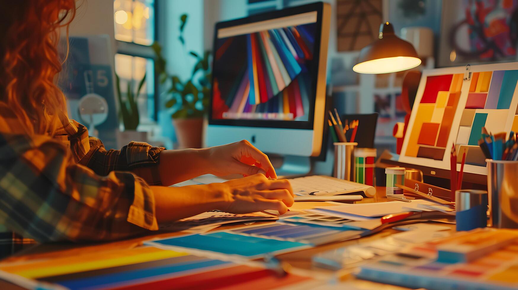 ai gegenereerd ontwerper creëert kleurrijk humeur bord met verf stalen computer scherm in achtergrond foto