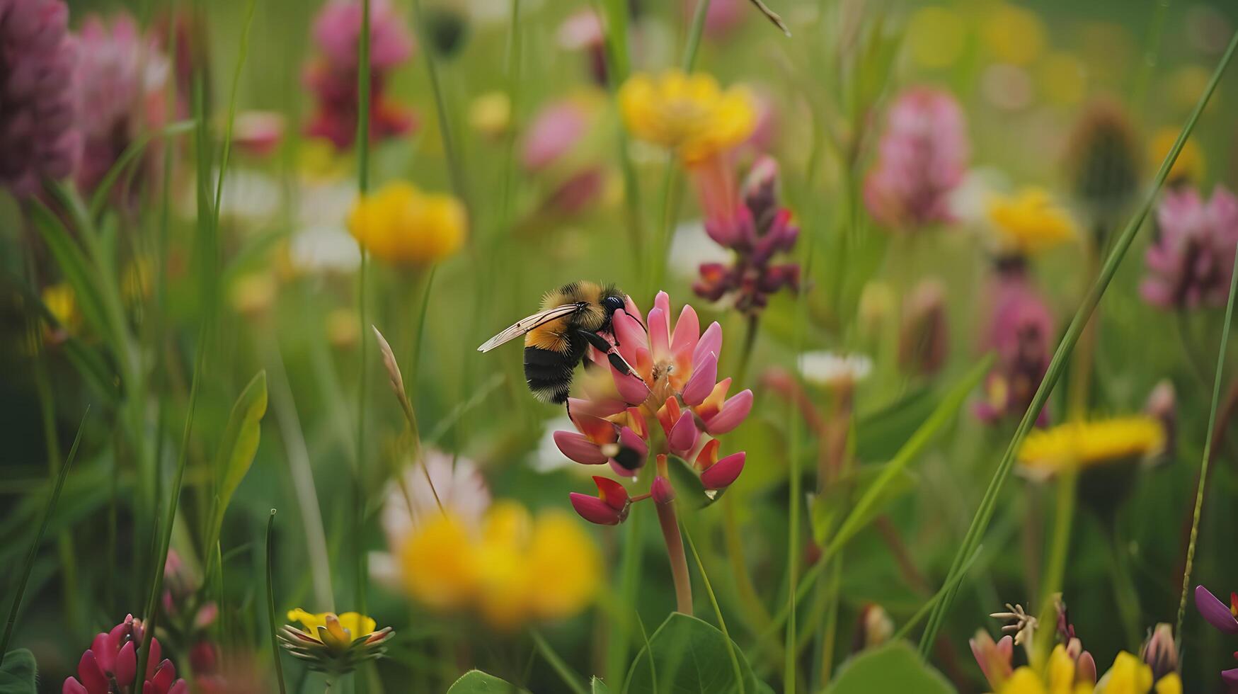 ai gegenereerd macro schot vangt bij bestuiven kleurrijk wilde bloemen in weelderig weide met levendig wilde bloemen foto