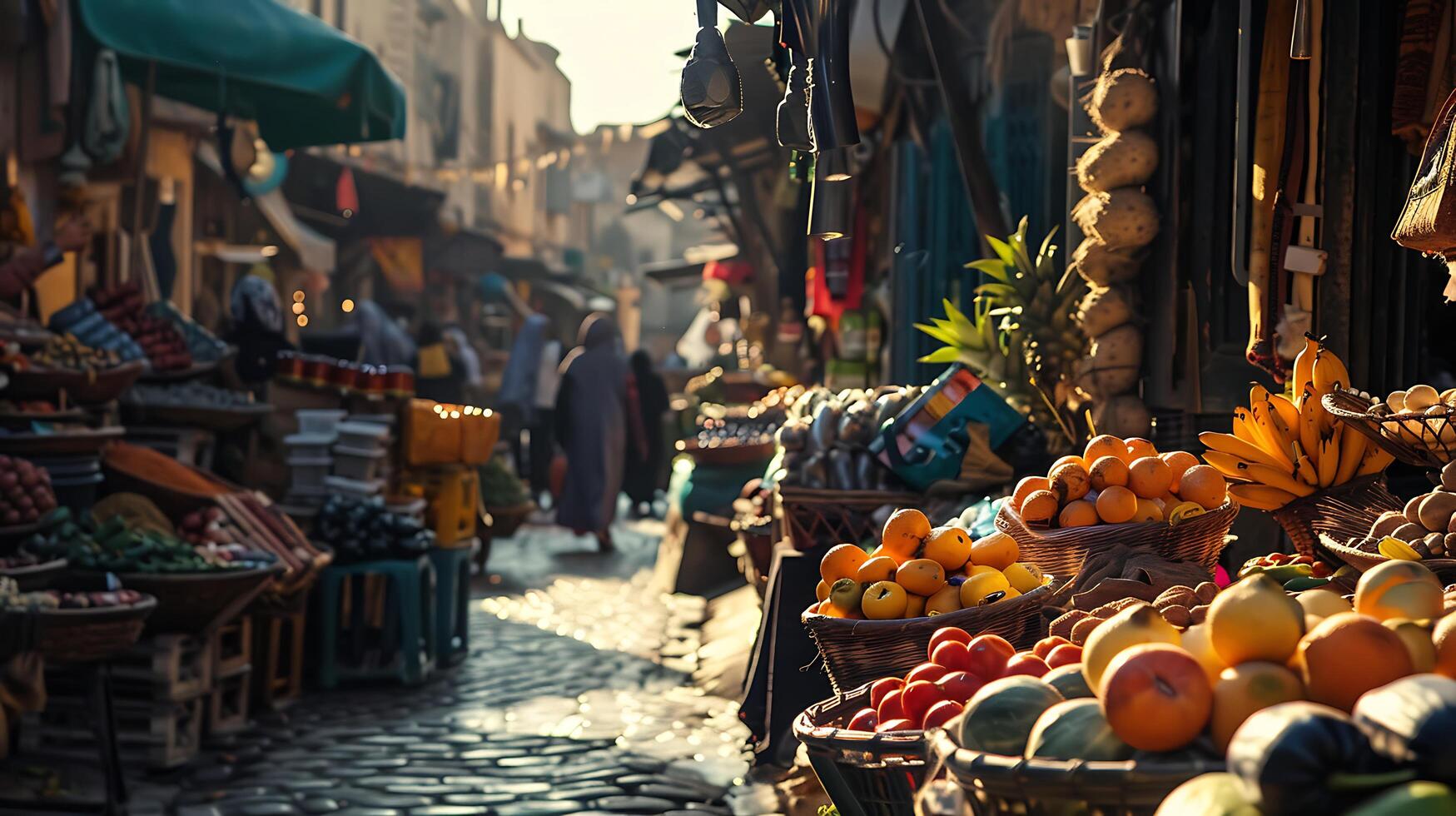 ai gegenereerd levendig detailopname van traditioneel Aziatisch markt barsten met werkzaamheid en exotisch producten foto