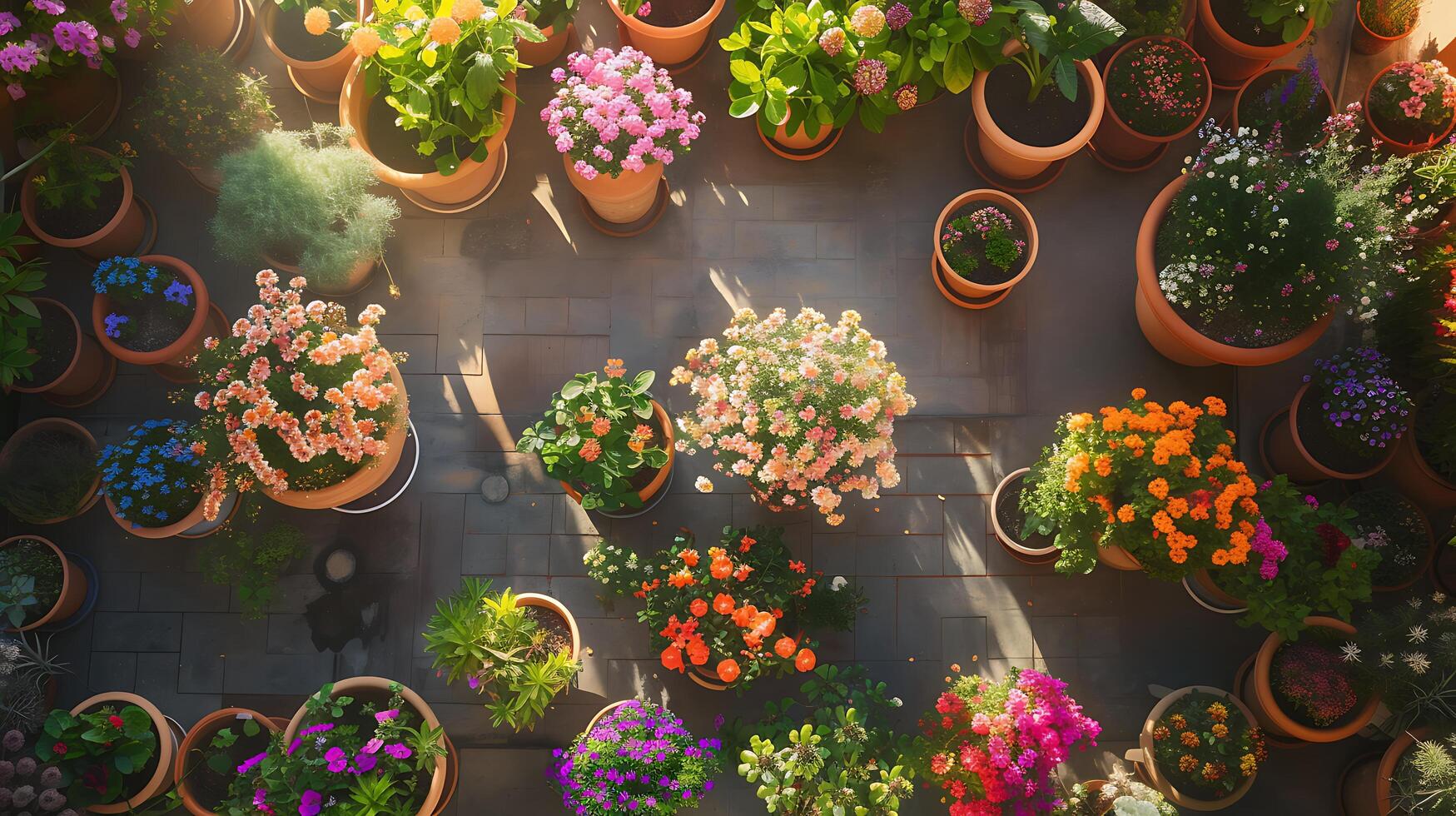 ai gegenereerd levendig rangschikking van ingemaakt planten en bloemen koesteren in zacht natuurlijk licht Aan zonnig patio foto