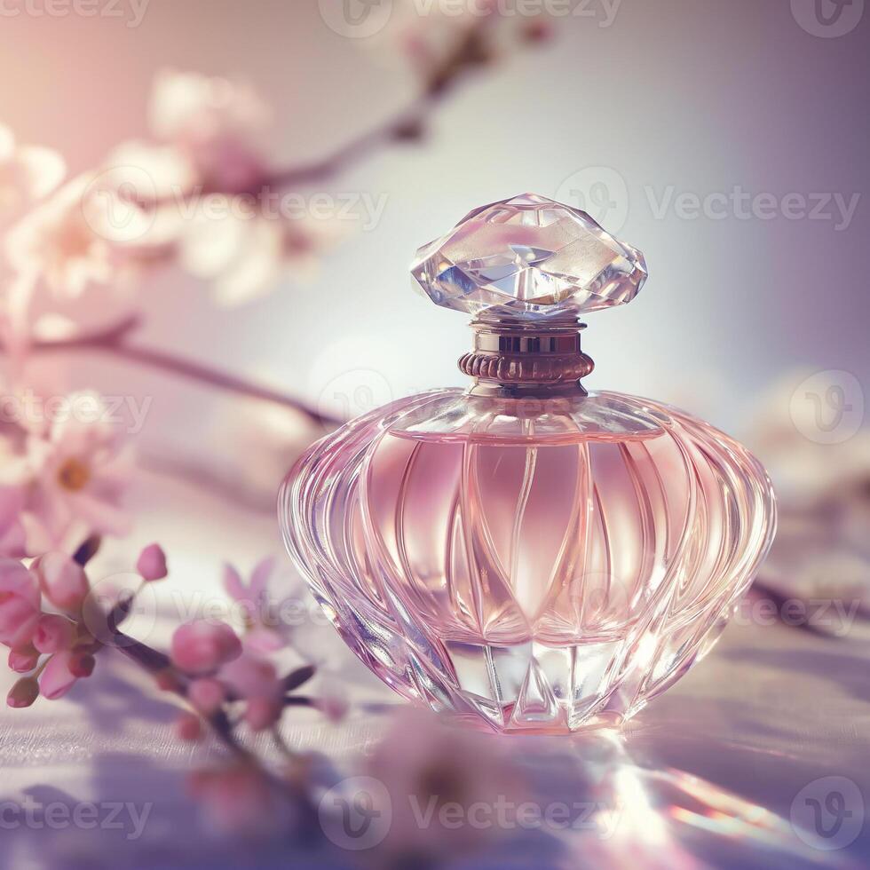 ai gegenereerd dromerig parfum fles met zacht focus. teder gloed. bloemen aanraken. ai gegenereerd. foto