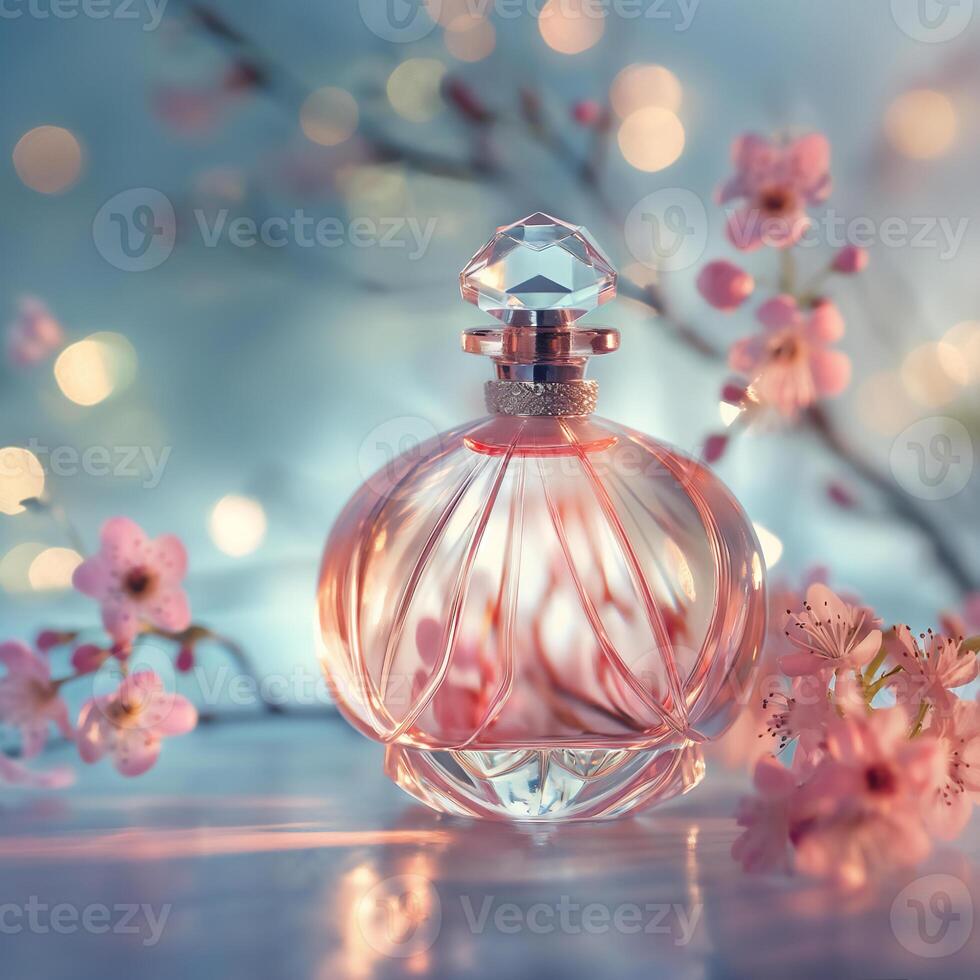 ai gegenereerd dromerig parfum fles met zacht focus. teder gloed. bloemen aanraken. ai gegenereerd. foto