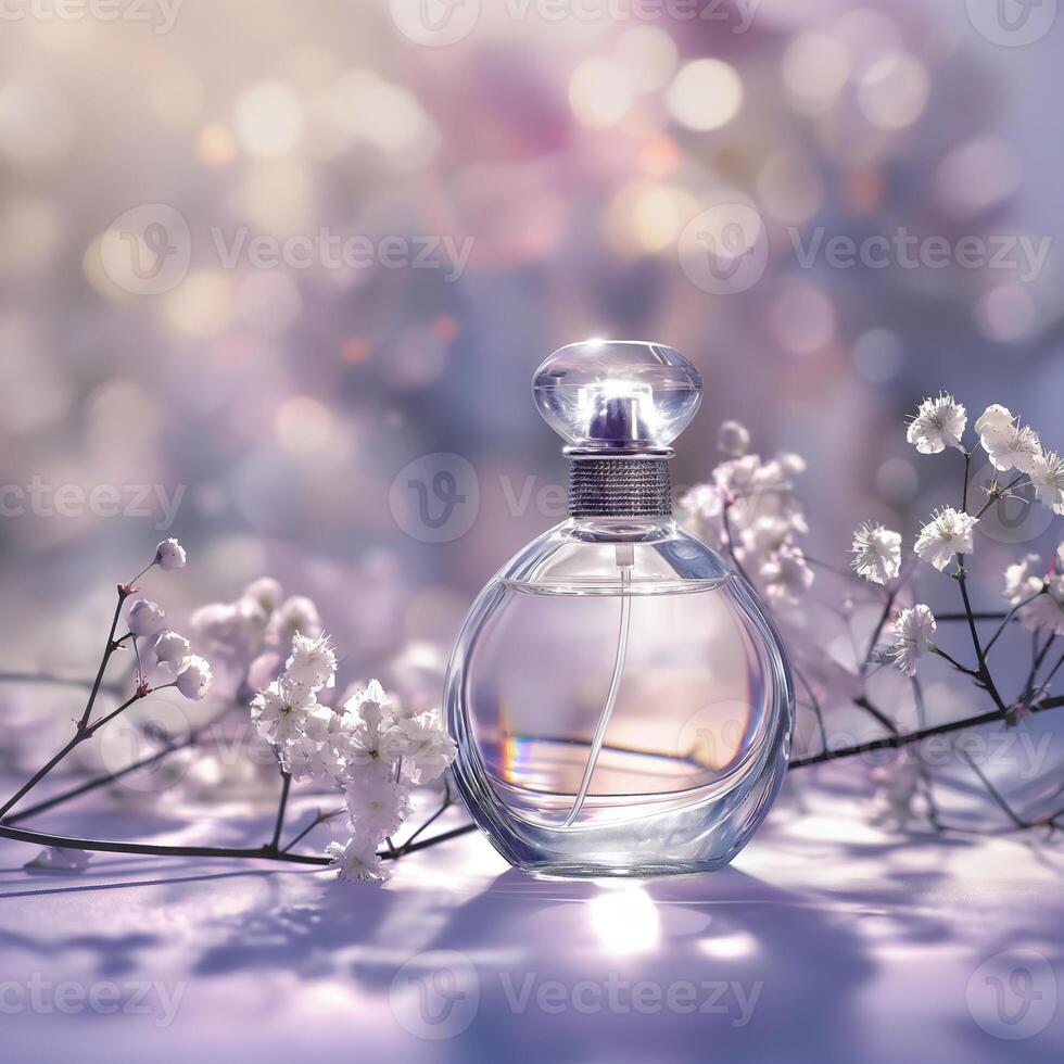 ai gegenereerd dromerig parfum fles met zacht focus. teder gloed. bloemen aanraken. ai gegenereerd. foto