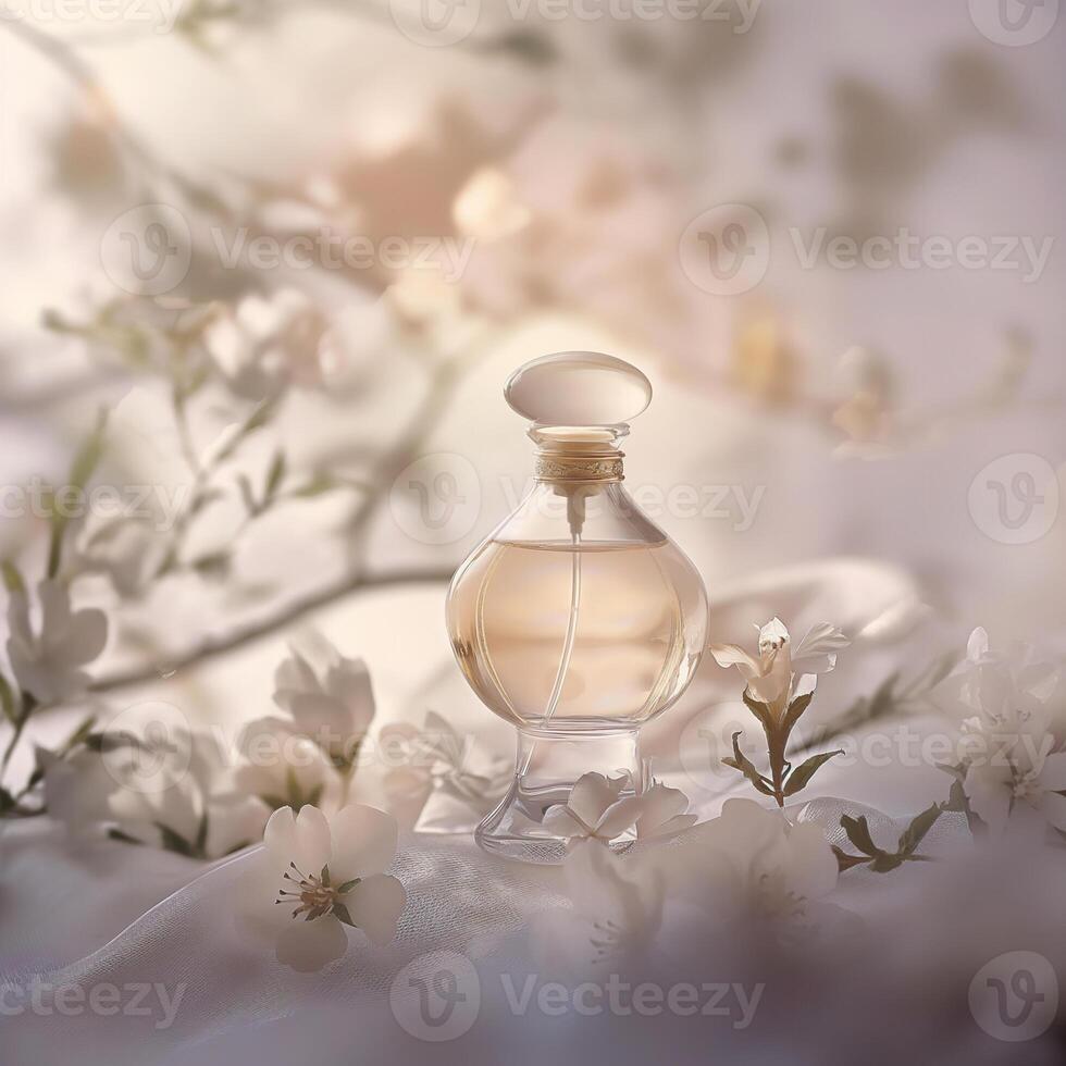 ai gegenereerd dromerig parfum fles met zacht focus. teder gloed. bloemen aanraken. ai gegenereerd. foto