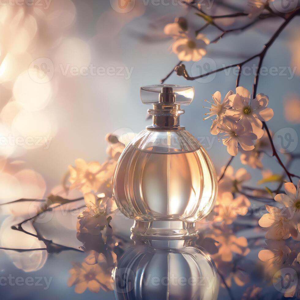 ai gegenereerd dromerig parfum fles met zacht focus. teder gloed. bloemen aanraken. ai gegenereerd. foto