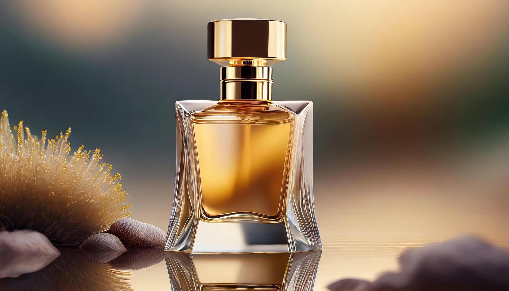 ai gegenereerd elegant goud parfum fles detailopname Aan goud achtergrond foto