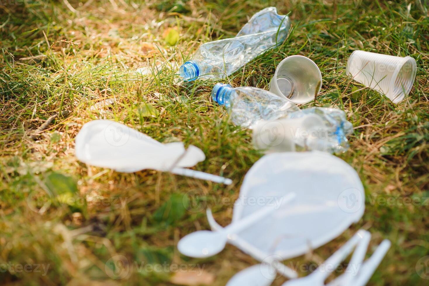 een stapel van plastic Aan groen gras, een probleem in de natuurlijk omgeving, verontreiniging van natuur is niet ontbindend plastic. bescherming van natuur. foto