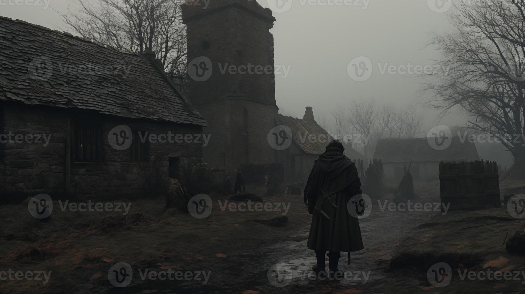 ai gegenereerd een mysterieus reis door de mistig dorp foto