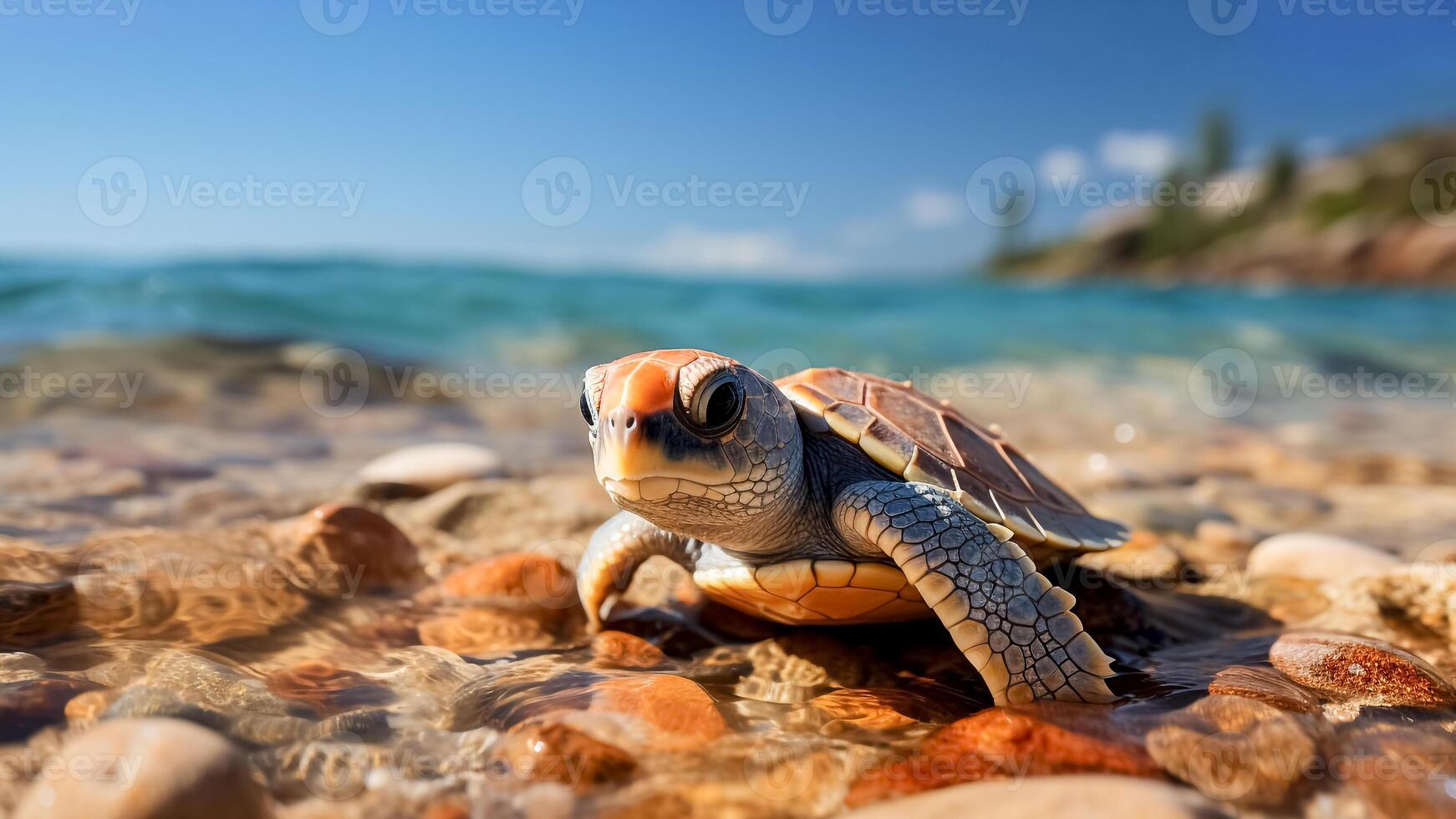 ai gegenereerd weinig baby zee schildpad Aan een tropisch strand. nieuw leven, nieuw begin, marinier dieren in het wild, marinier wonderen. foto