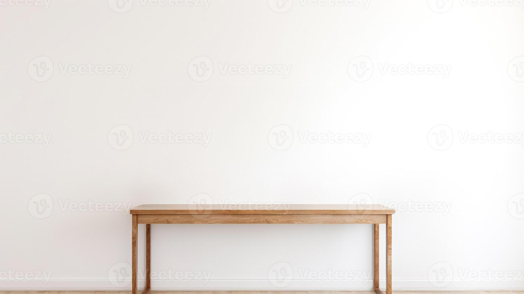 ai gegenereerd houten tafel in voorkant van een wit muur. minimalistische decor. model. interieur ontwerp inspiratie en ideeën. foto