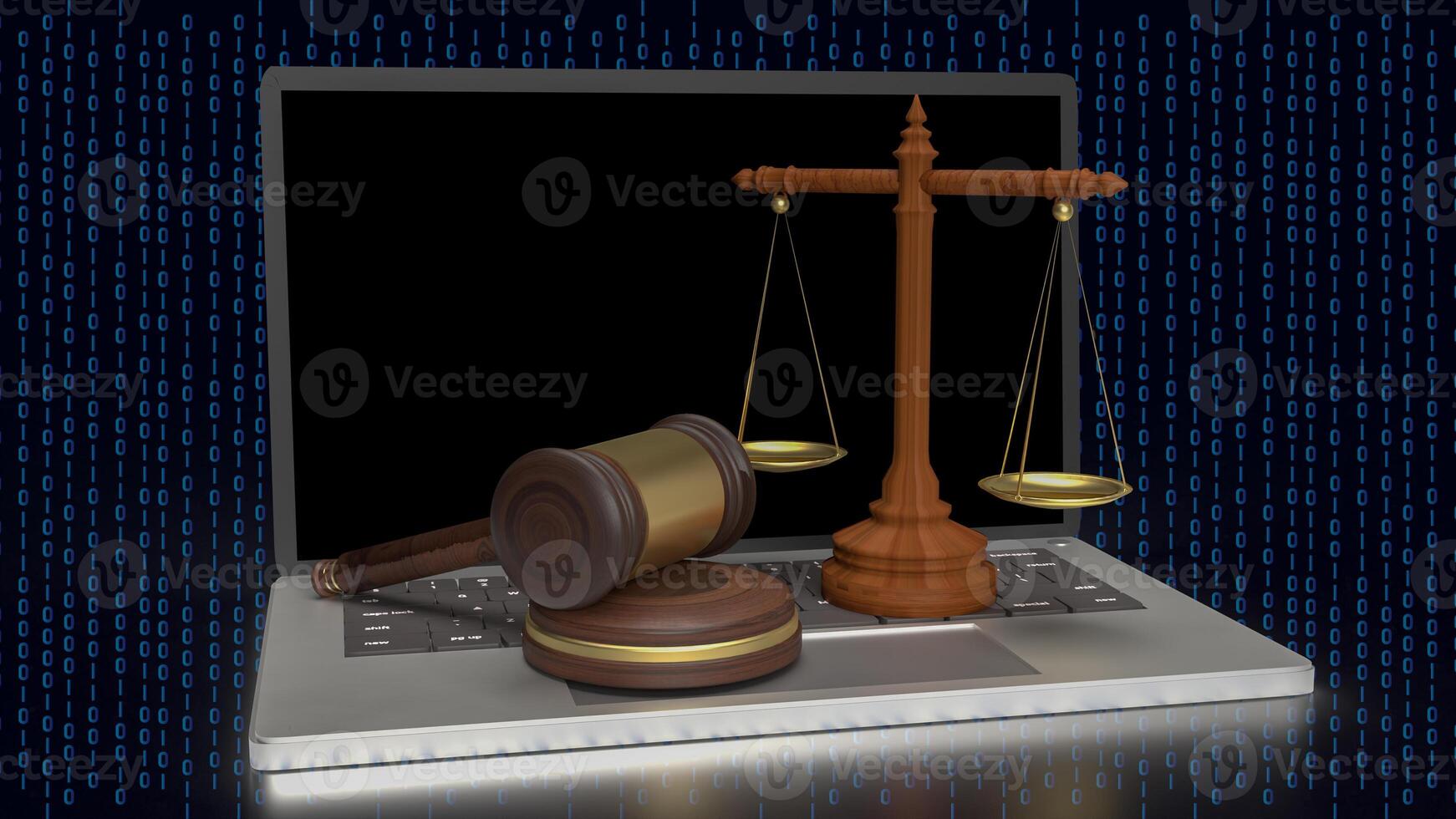 de hout hamer en Weegschaal voor digitaal wet concept 3d weergave. foto