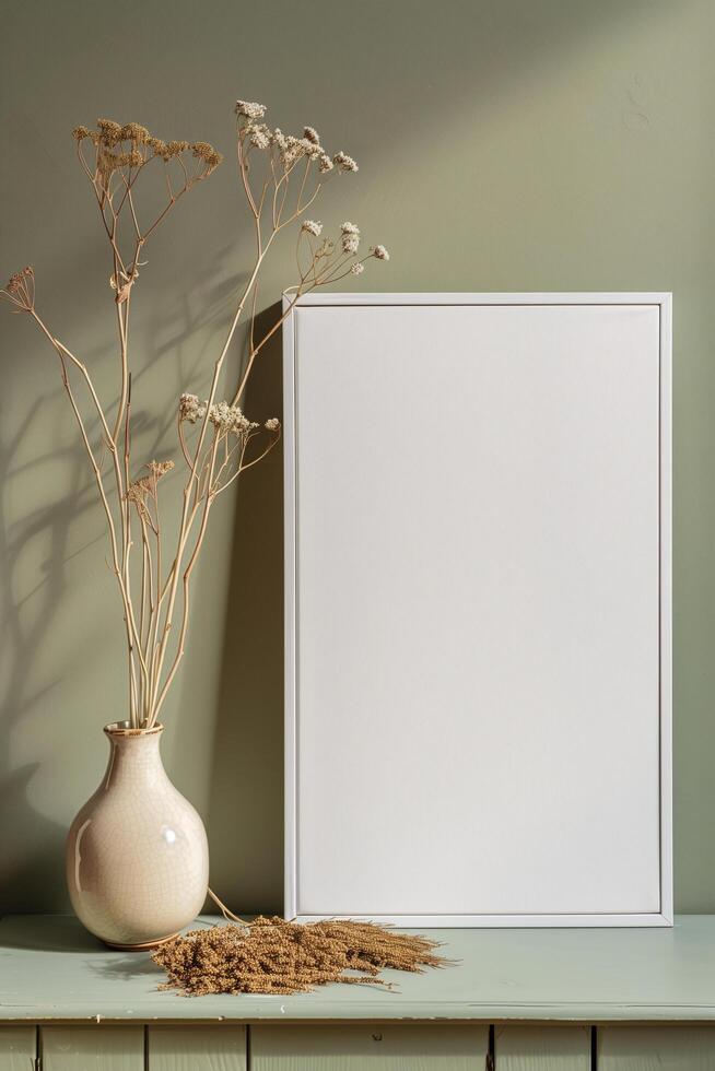 ai gegenereerd blanco canvas kader sjabloon met droog bloemen in vaas Aan olijf- groen muur mockup foto