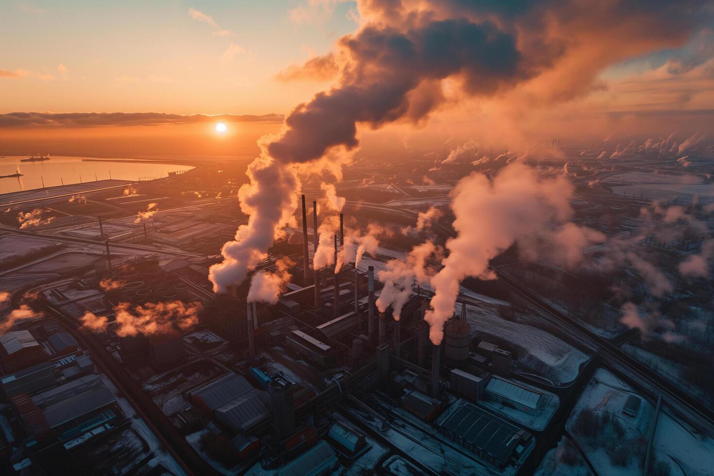 ai gegenereerd vuil lucht verontreiniging rook van fabriek schoorsteen zonsondergang tijd fabriek emissie foto