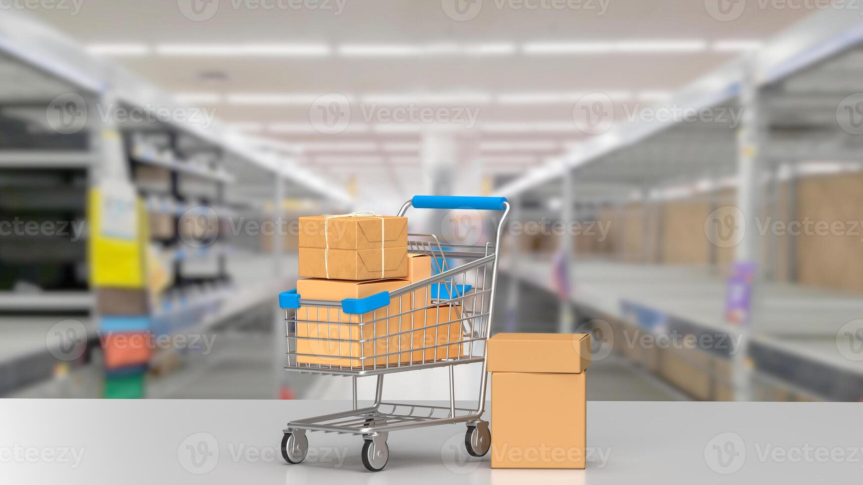 de boodschappen doen trolley voor online markt concept 3d weergave. foto