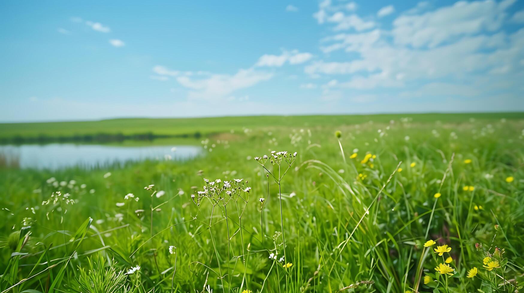 ai gegenereerd rustig weide met wilde bloemen en reflecterende vijver breed schot gevangen genomen met 24 mm lens foto