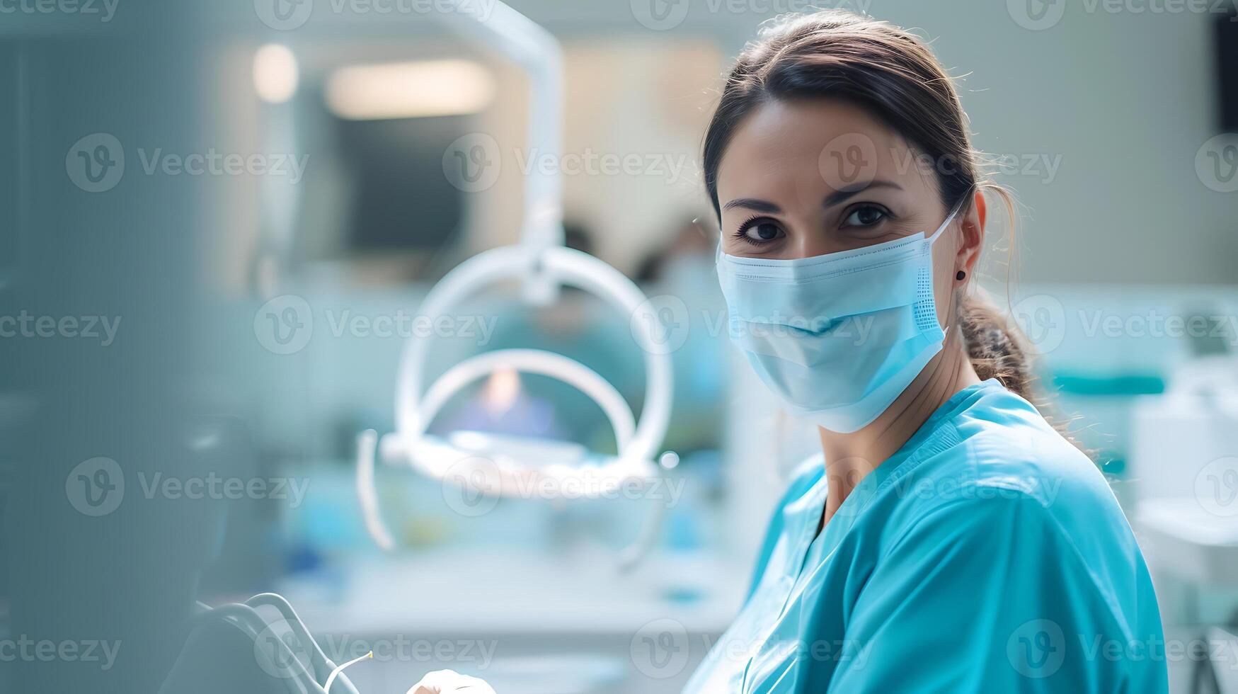 ai gegenereerd vrouw vervelend chirurgisch masker in ziekenhuis. generatief ai. foto