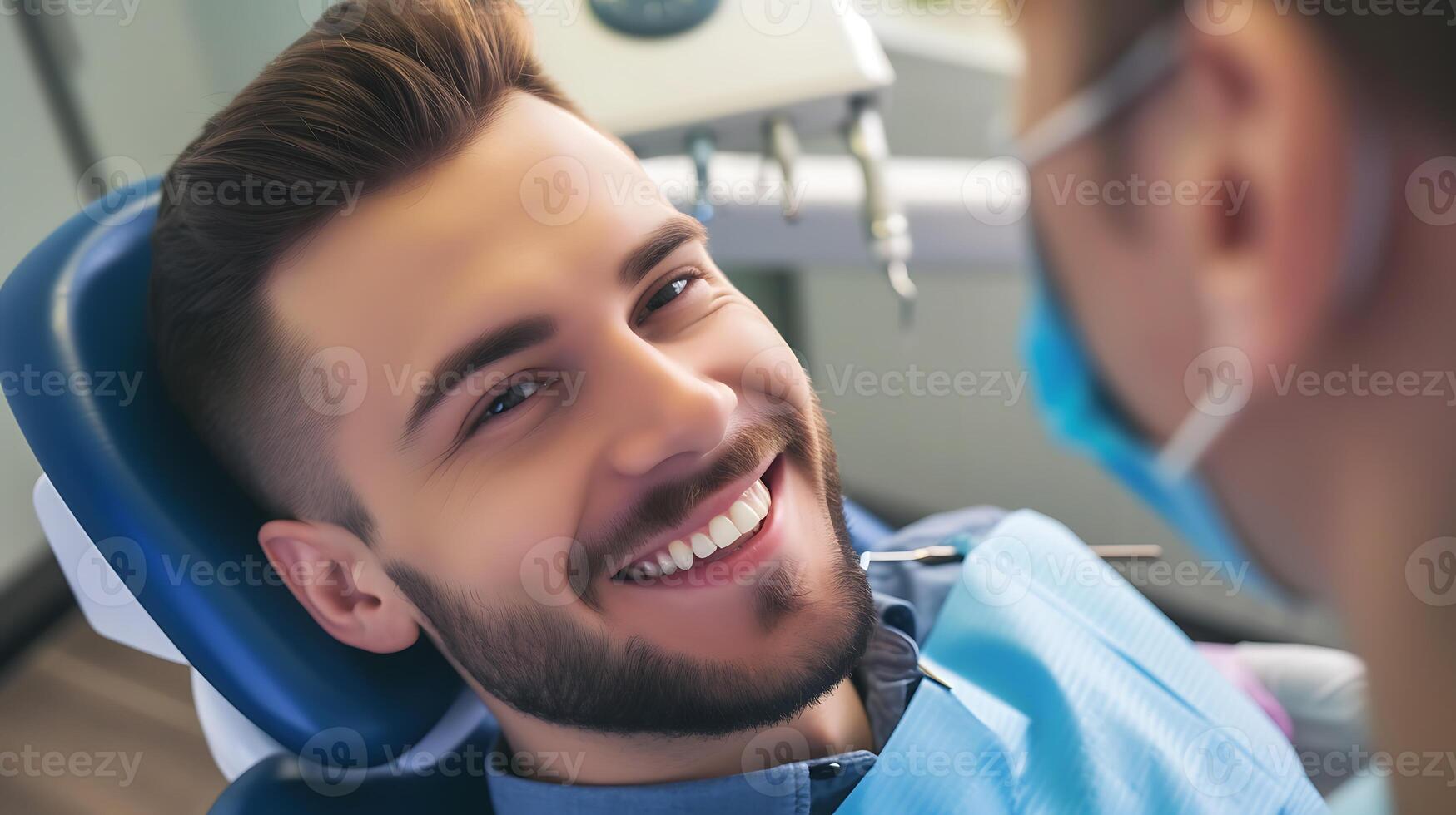ai gegenereerd glimlachen Mens in tandarts stoel. generatief ai. foto
