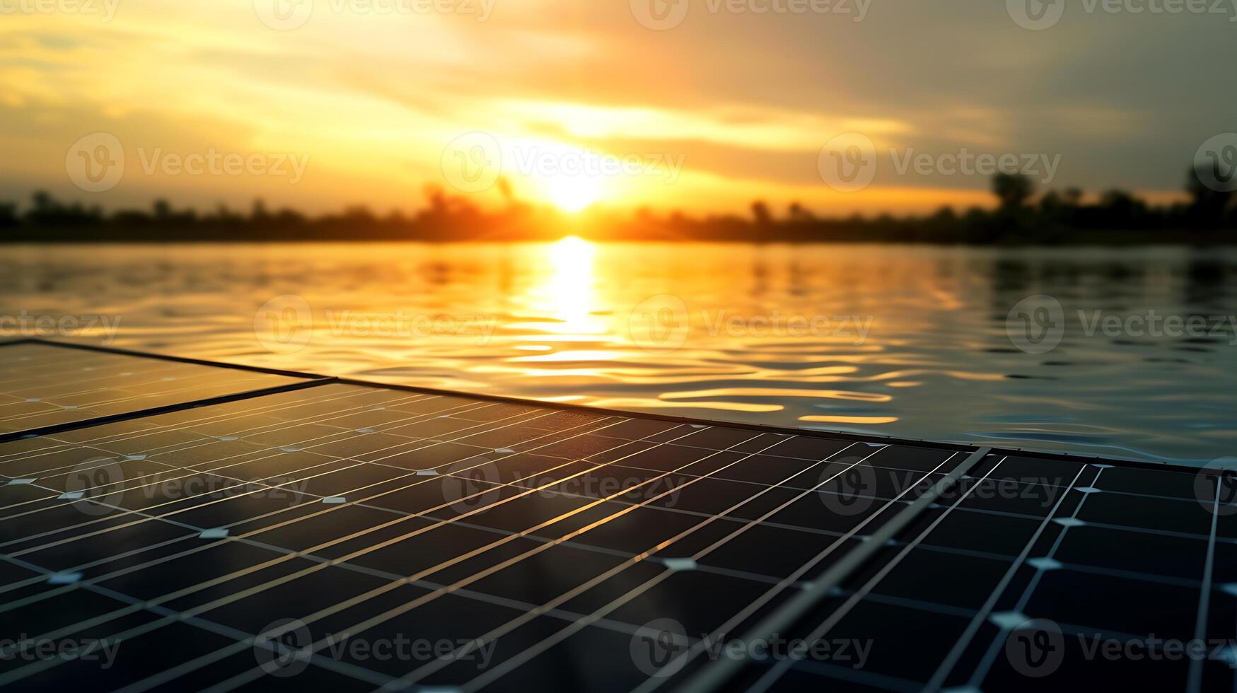 ai gegenereerd zonne- panelen Aan de achtergrond van de zonsondergang. generatief ai. foto