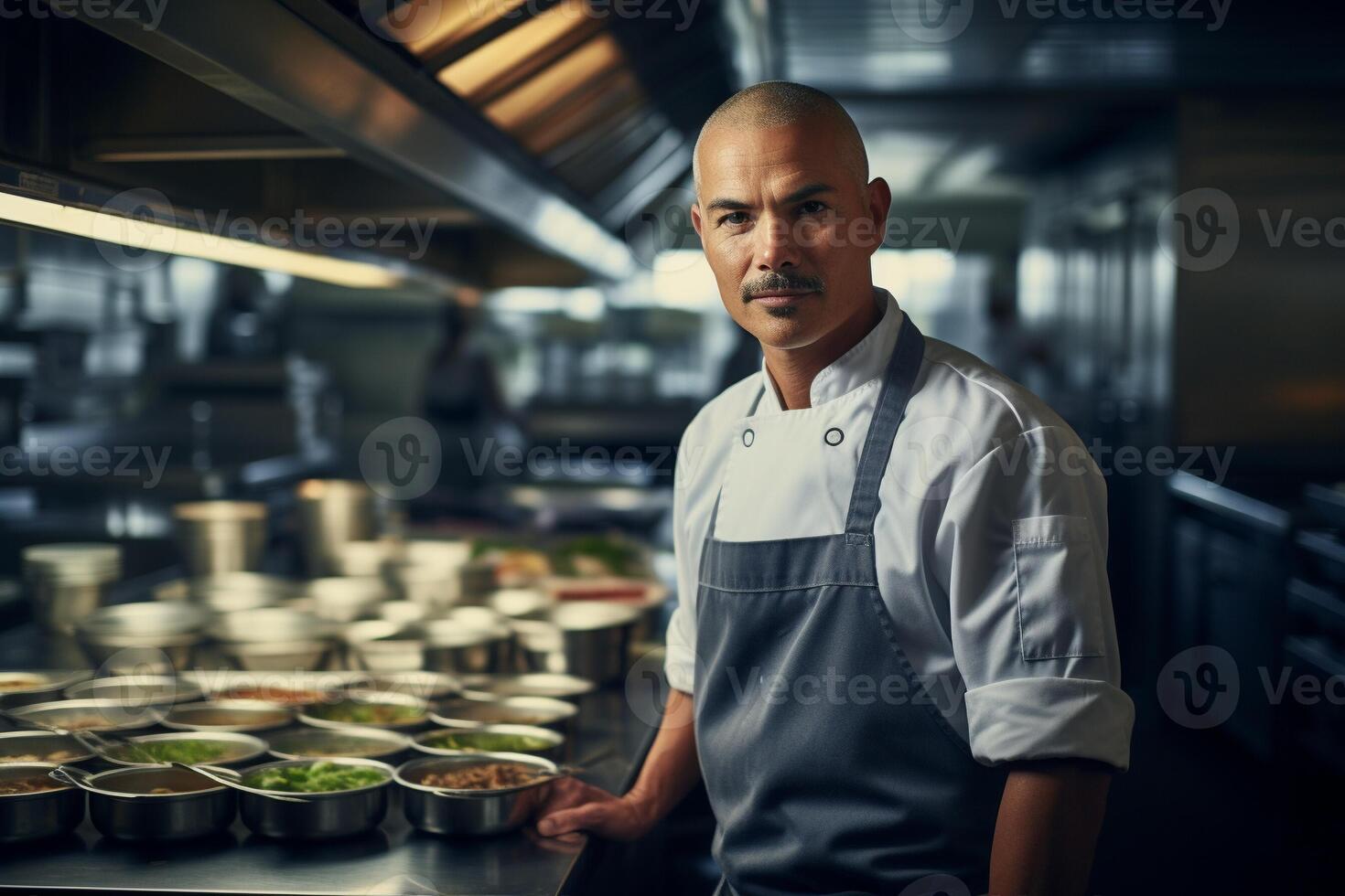 ai gegenereerd professioneel chef in keuken met vers biologisch ingrediënten openhartig portret foto