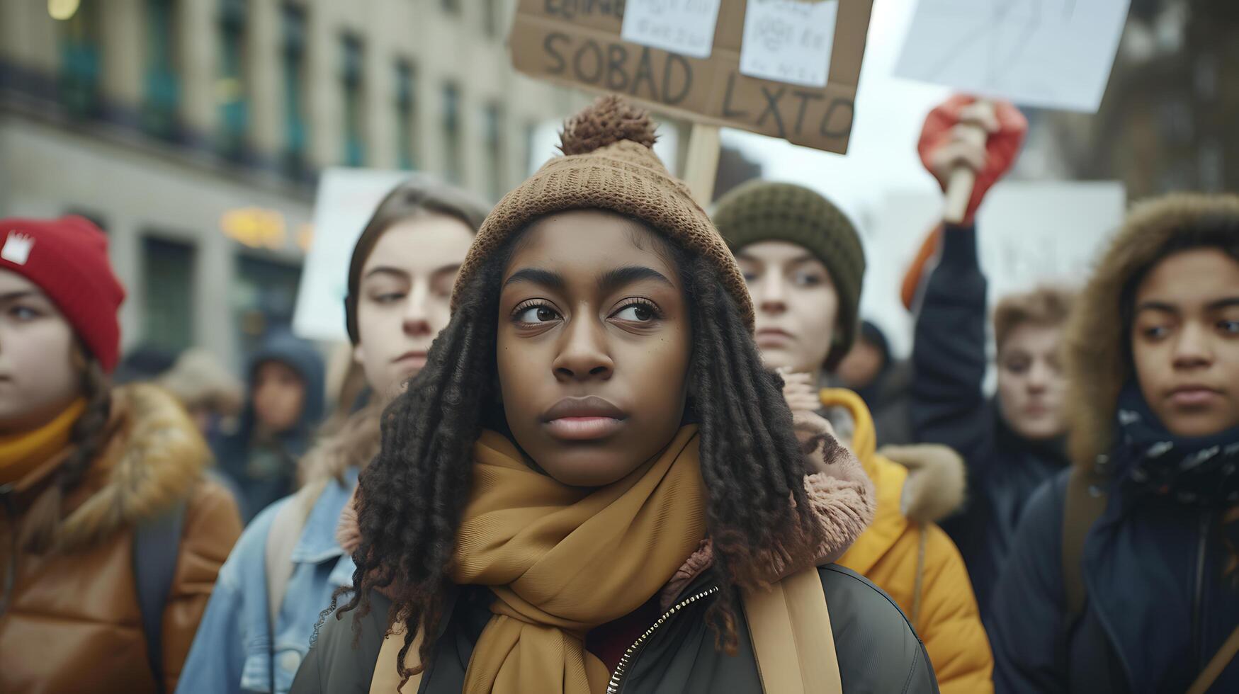 ai gegenereerd verschillend demonstranten rally voor sociaal gerechtigheid te midden van gezangen en tekens foto