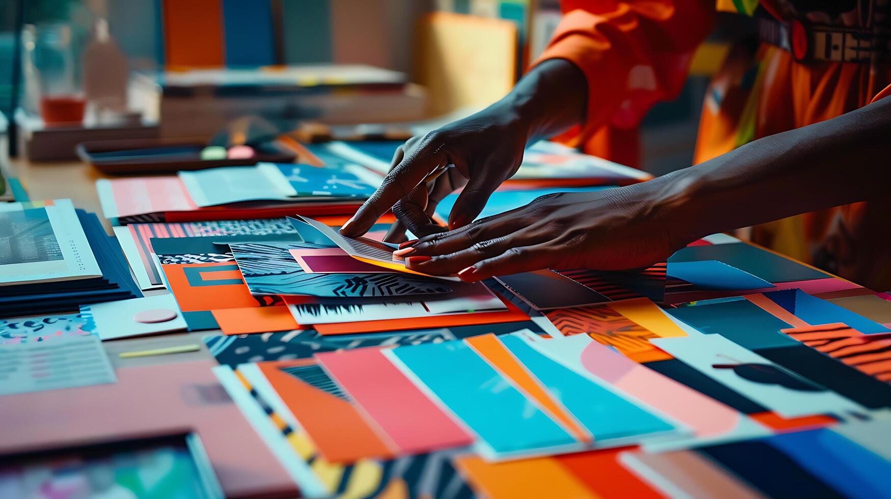 ai gegenereerd ontwerper omarmt creativiteit met tablet en grafisch gereedschap omringd door kleur stalen foto