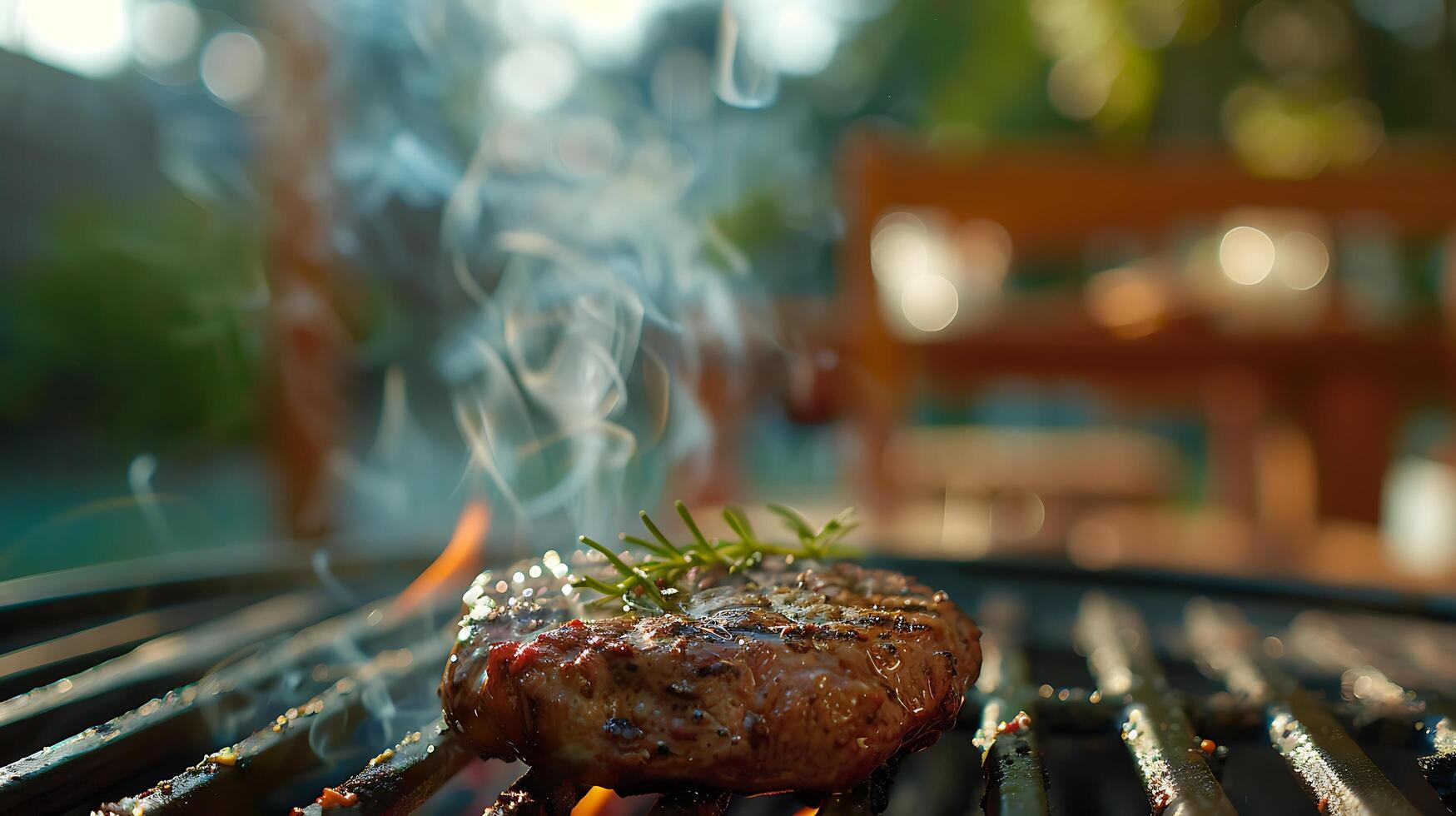 ai gegenereerd perfect gegrild steak sist Aan bbq rooster patio sfeer gevangen genomen met 50 mm lens foto