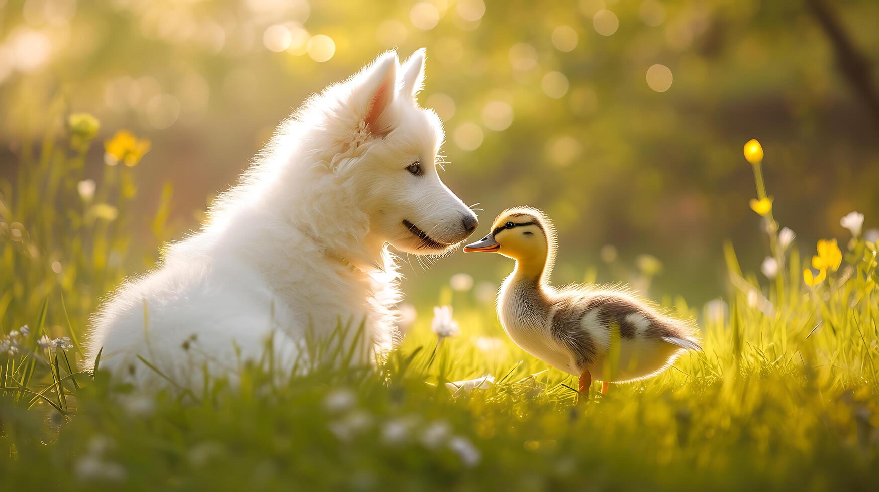 ai gegenereerd onwaarschijnlijk duo hond en eend vitrine hartverwarmend binding temidden van levendig weide badend in zacht gouden zonlicht foto