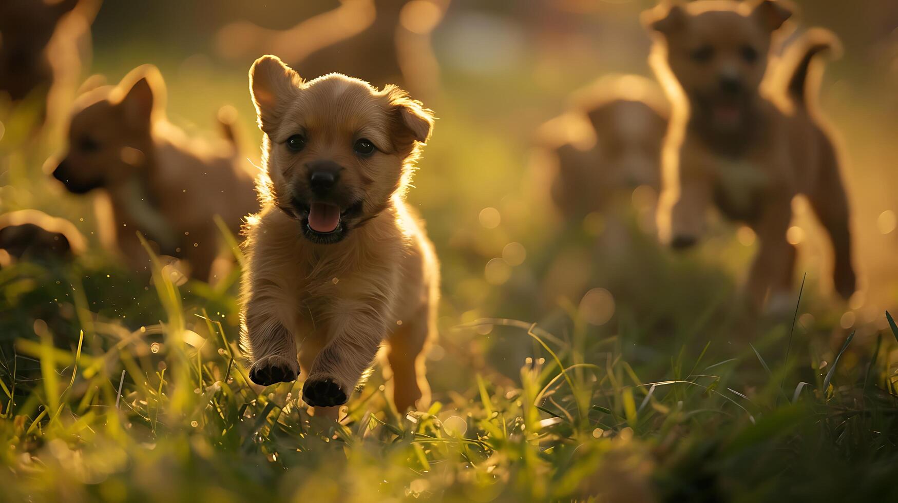 ai gegenereerd speels gouden retriever grenzen door hoog gras in warm zonsondergang gloed foto