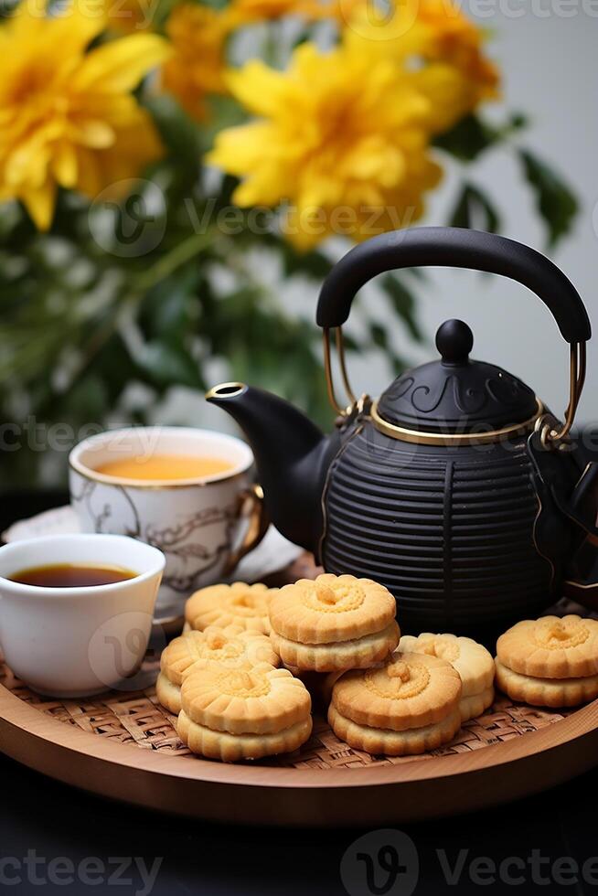 ai gegenereerd heet thee, vers koekjes, eigengemaakt toetje Aan houten tafel gegenereerd door ai foto