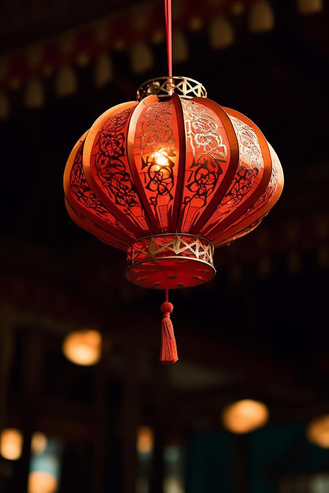 ai gegenereerd Chinese lantaarns verlichten de nacht, vieren traditioneel cultuur en geestelijkheid gegenereerd door ai foto