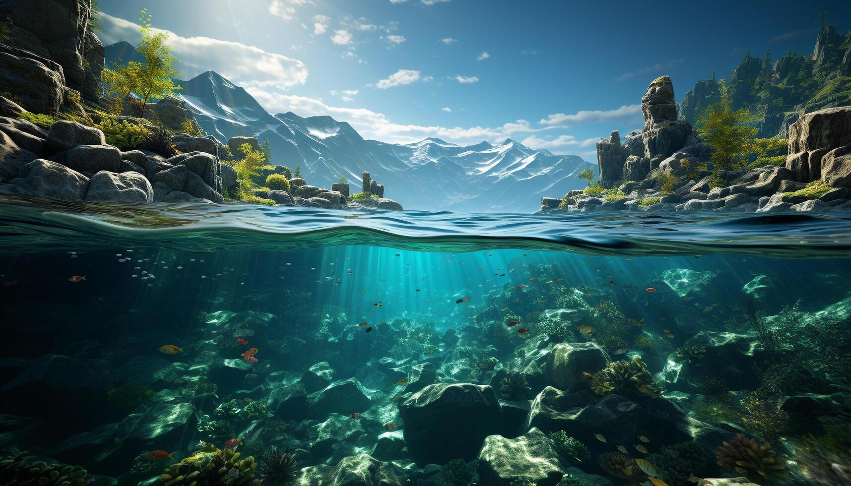ai gegenereerd onderwater- avontuur, vis zwemmen hieronder de transparant Golf gegenereerd door ai foto