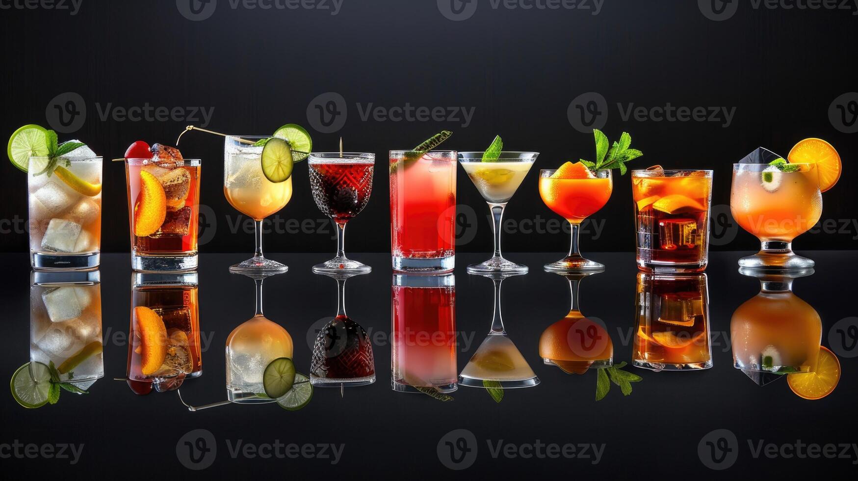 ai gegenereerd assortiment van divers cocktails gepresenteerd Aan een strak zwart achtergrond, aanbieden een geavanceerde Scherm. ai gegenereerd. foto