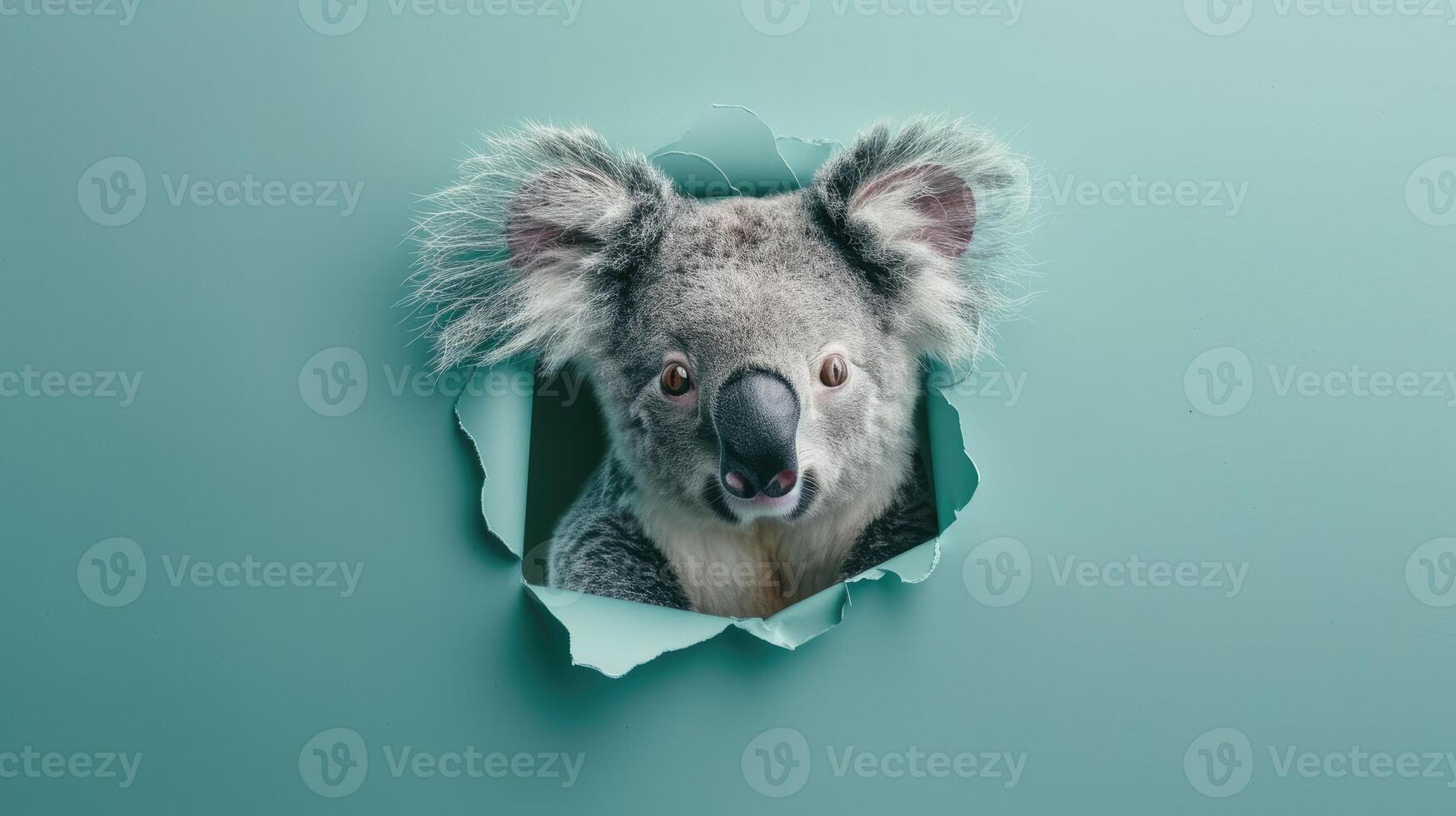 ai gegenereerd een humoristisch koala collega's door een gescheurd gat in een contrast pastel kleur papier achtergrond, ai gegenereerd foto