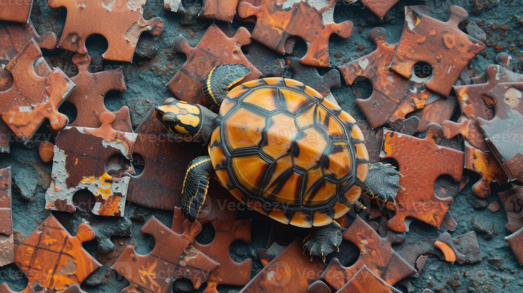 ai gegenereerd top visie van een schattig schildpad verdiept in een decoupeerzaag puzzel, ai gegenereerd. foto