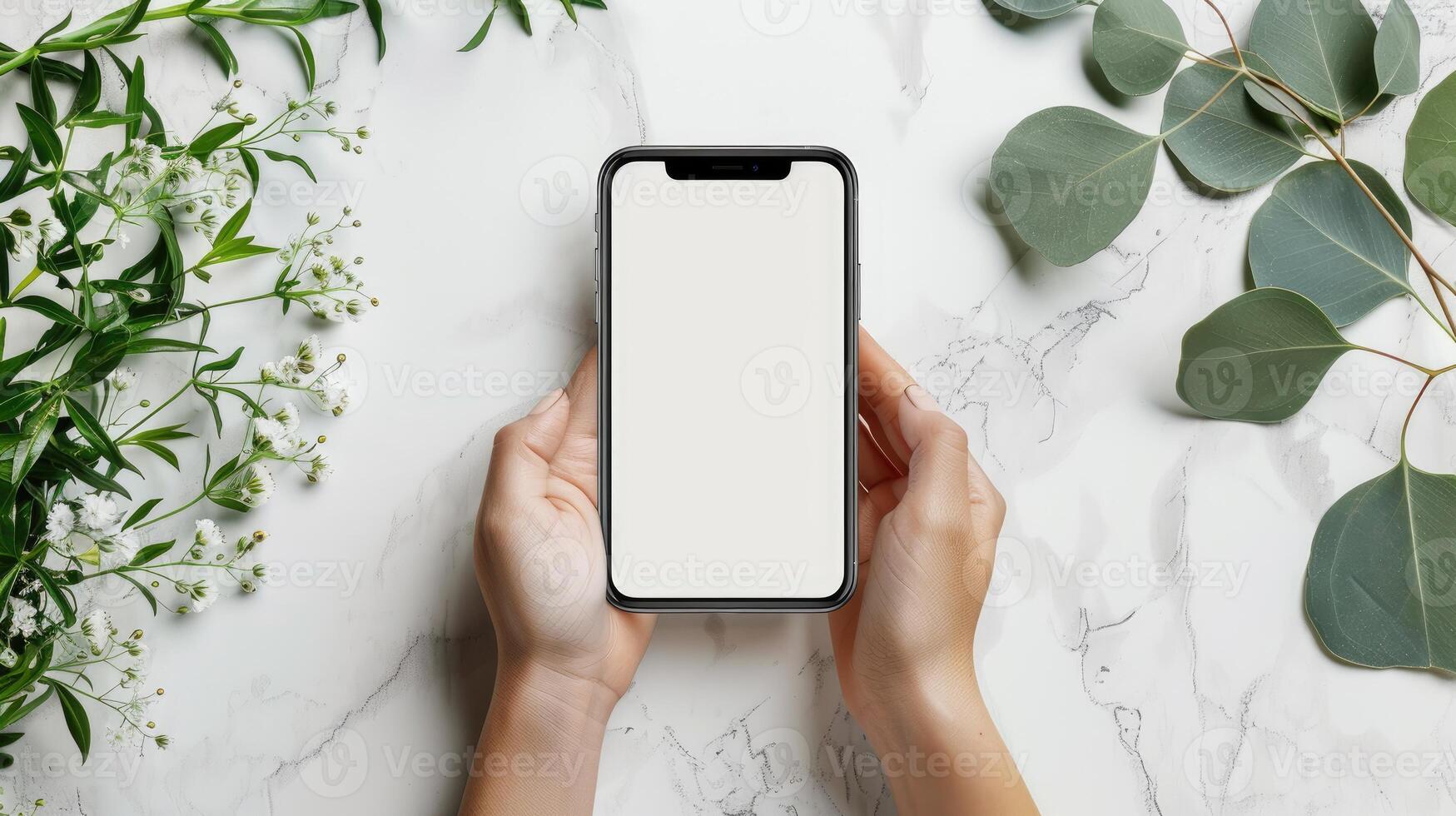 ai gegenereerd een top visie van een hand- gebruik makend van een telefoon met een wit scherm, perfect voor presentatie van mobiel app ontwerpen of digitaal inhoud. ai gegenereerd foto