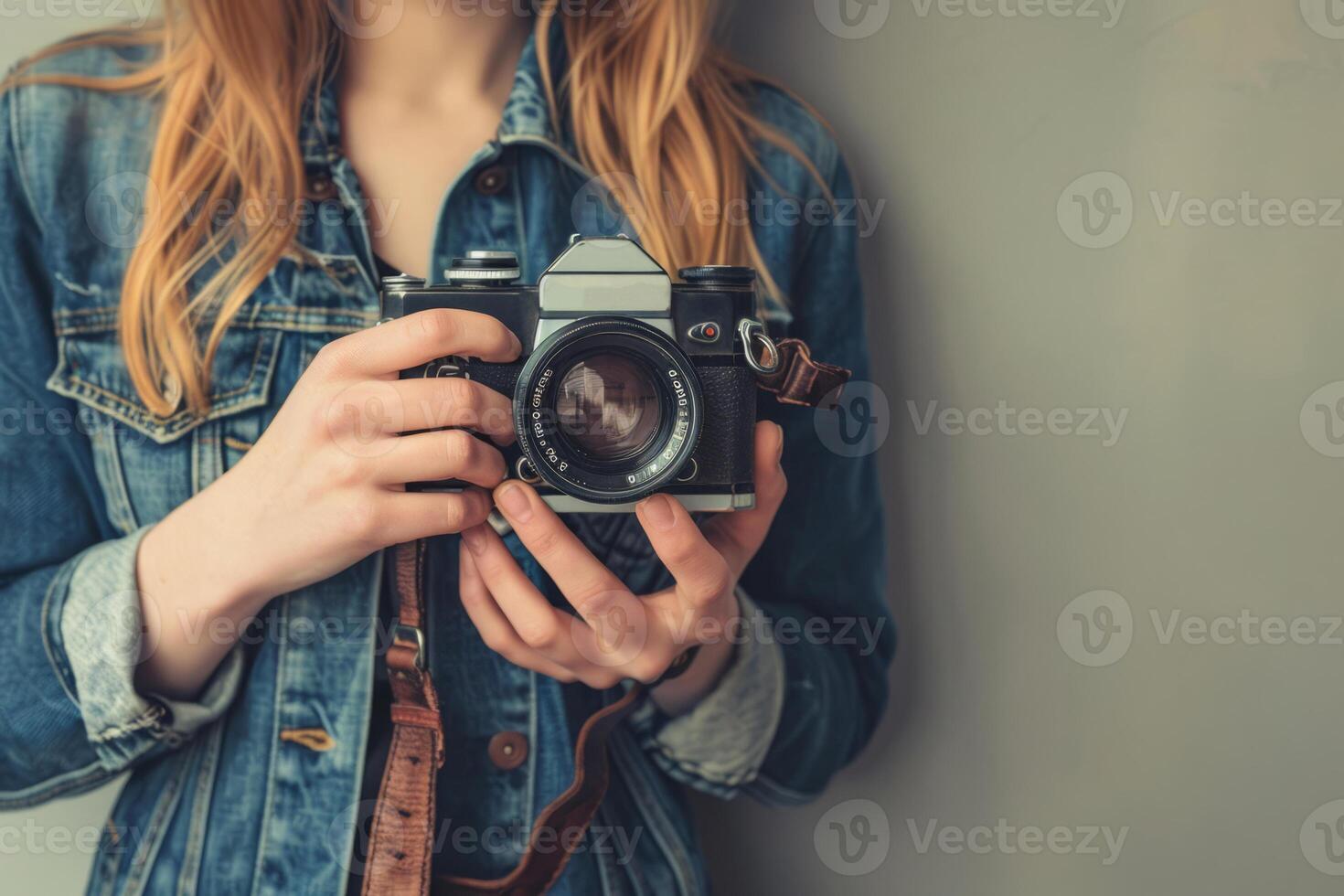 ai gegenereerd vrouw houdt een wijnoogst camera voor inhoud schepping. generatief ai foto