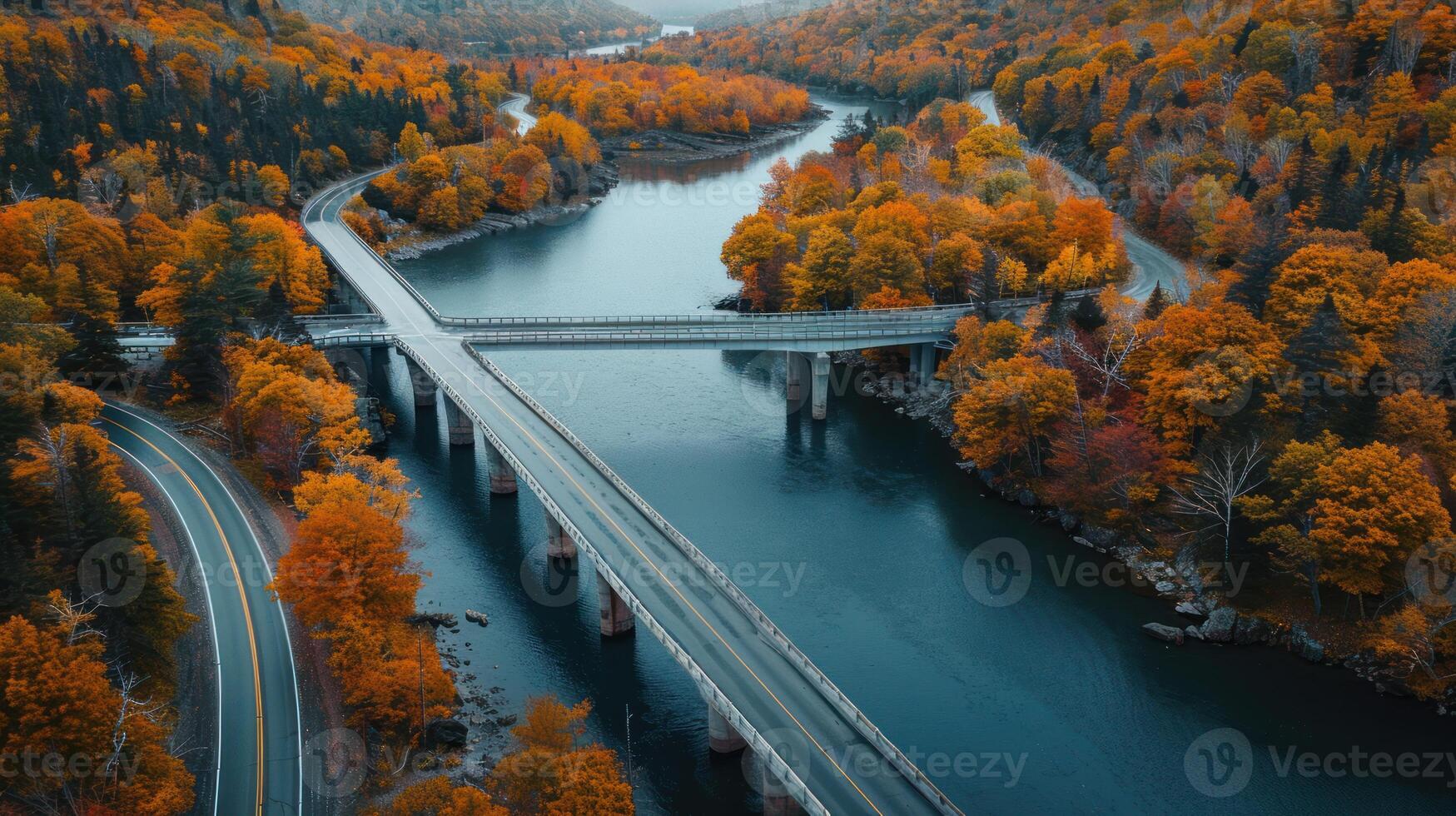 ai gegenereerd een brug over- een rivier- met bomen in de achtergrond foto