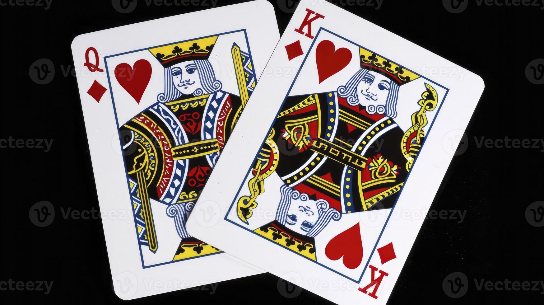 ai gegenereerd harten royalty. twee spelen kaarten met de koningin en koning van harten, symboliseert romance en royalty in de dek. foto