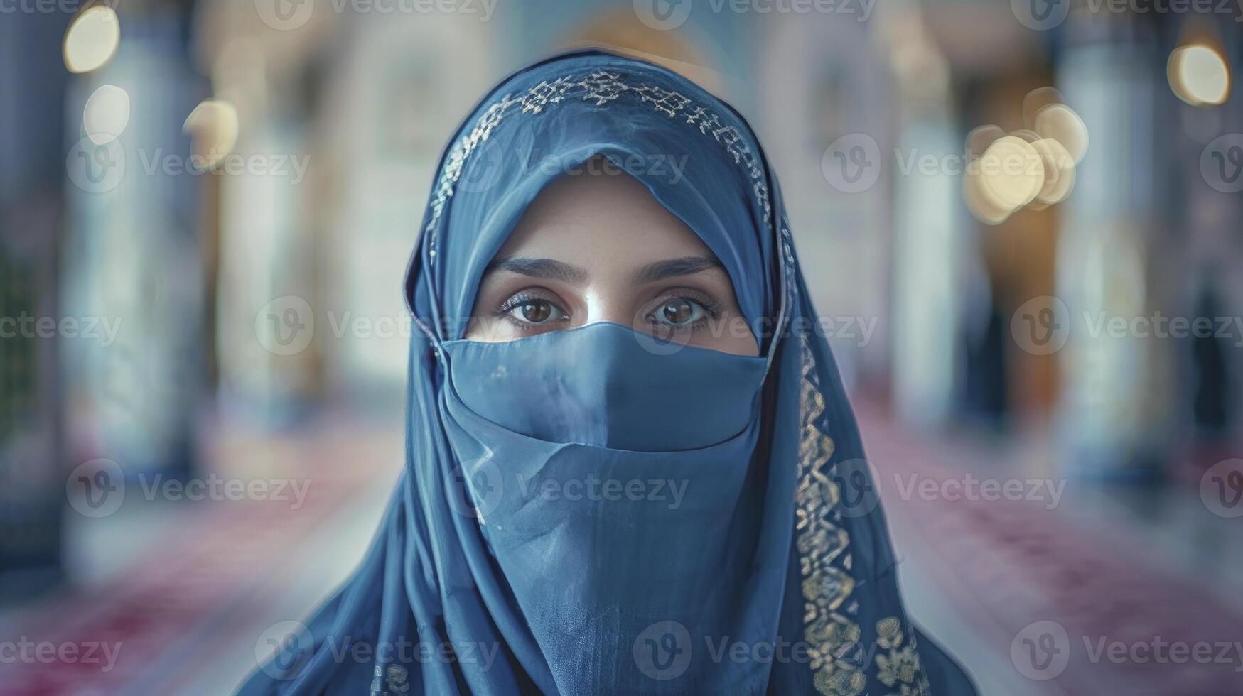 ai gegenereerd een vrouw Islamitisch kostuum moskee achtergrond foto