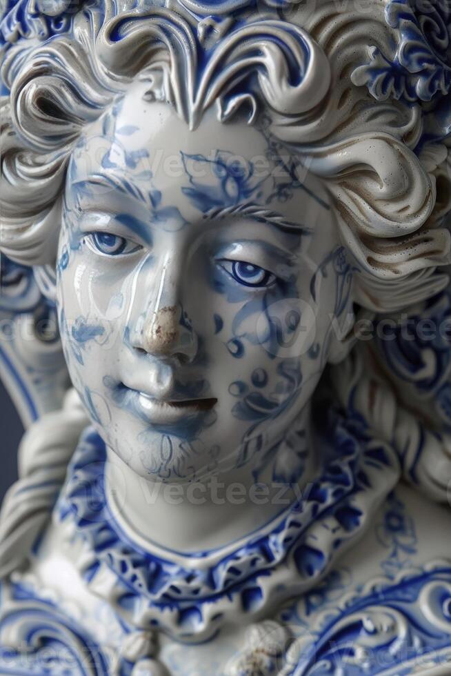 ai gegenereerd barok elegantie. gebeeldhouwd vrouw figuur versierd met oppervlakte blauw en wit porselein patronen, uitstralend tijdloos schoonheid en elegantie. foto