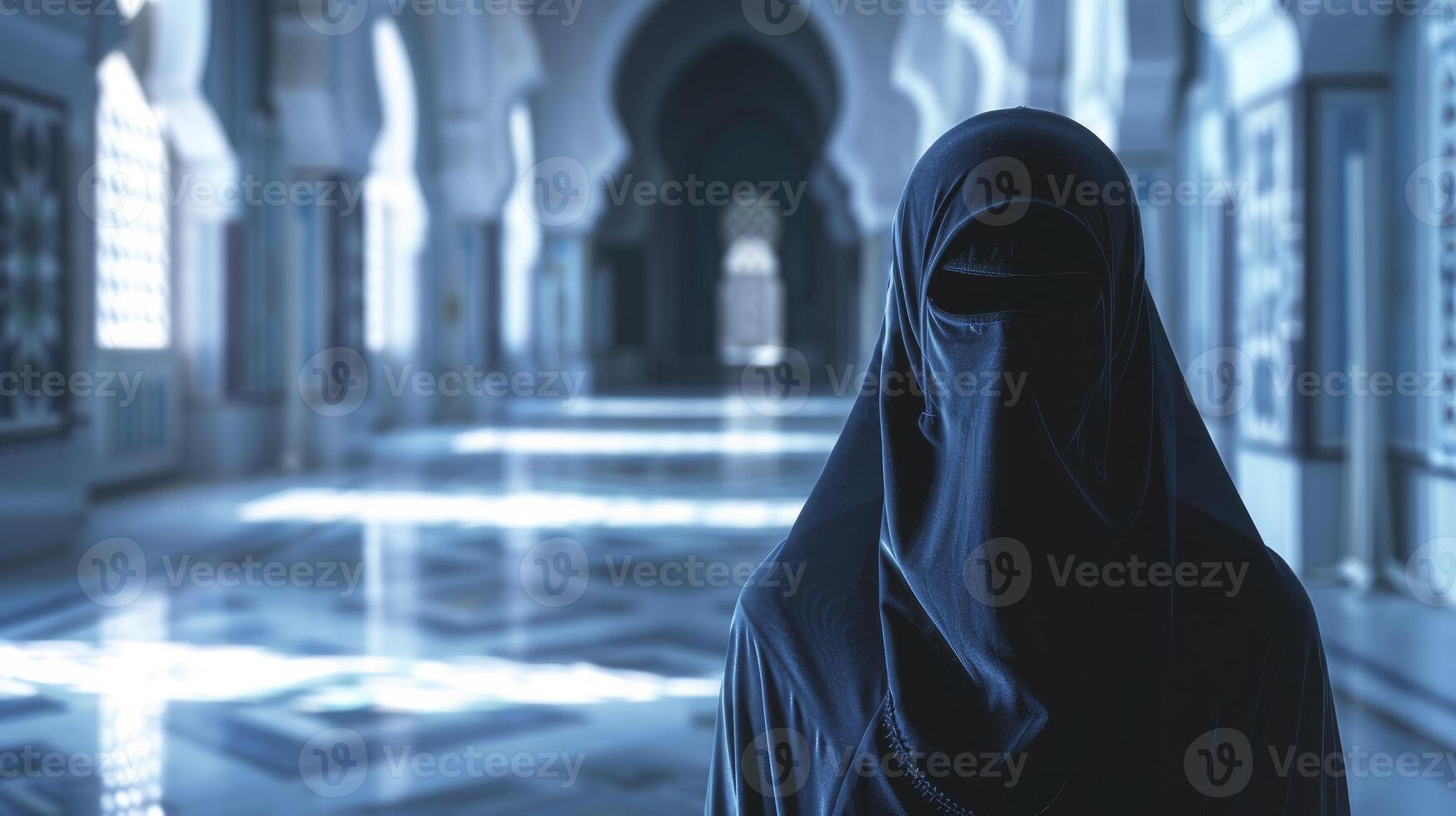 ai gegenereerd een vrouw Islamitisch kostuum moskee achtergrond foto