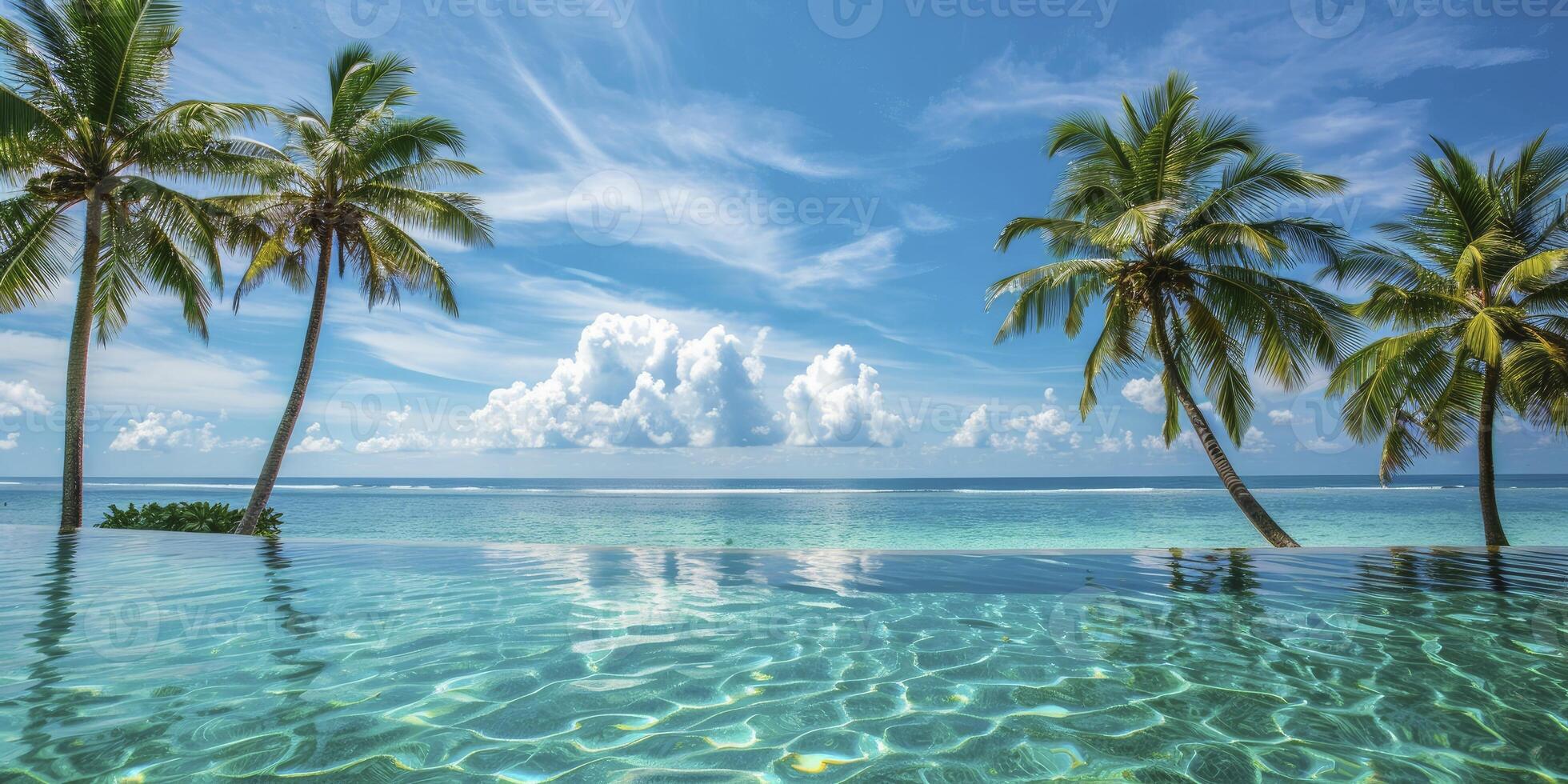 ai gegenereerd tropisch paradijs. eiland palm bomen, zwemmen zwembaden, en zonneschijn Aan een perfect zonnig dag. foto